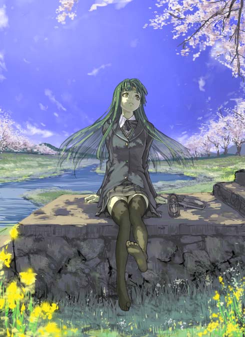 nakabayashi reimei, ouka nagisa, banpresto, super robot wars, super robot wars original generation, unfinished, feet, green hair, legs, no shoes, petals, sitting, skirt, solo, thighhighs, yellow eyes, zettai ryouiki