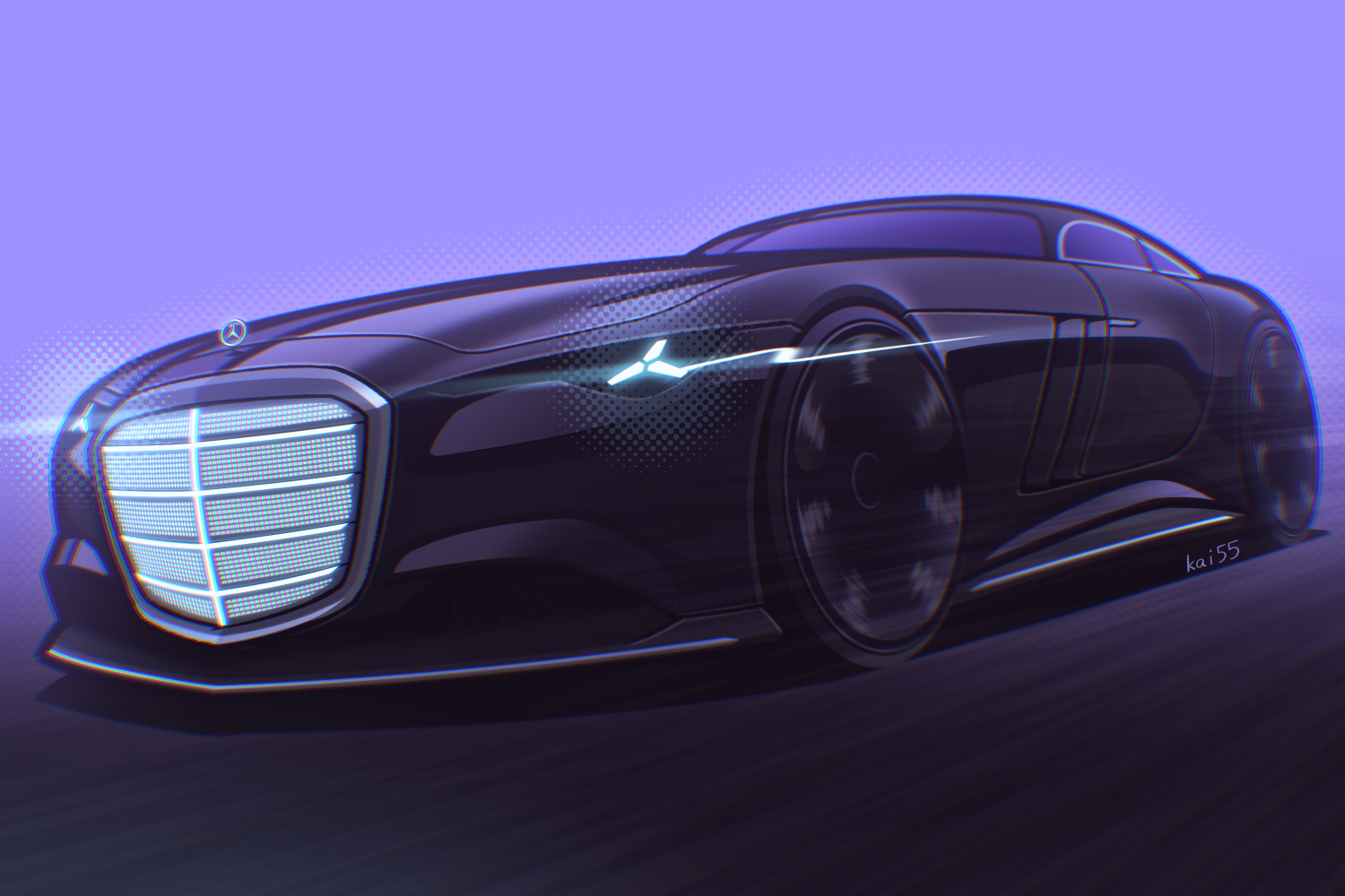 kai55, mercedes-benz, original, commentary request, artist name, black car, blue background, car, glowing, light trail, logo, mercedes-benz vision iconic, motion blur, motor vehicle, no humans, product placement, shadow, simple background, vehicle focus