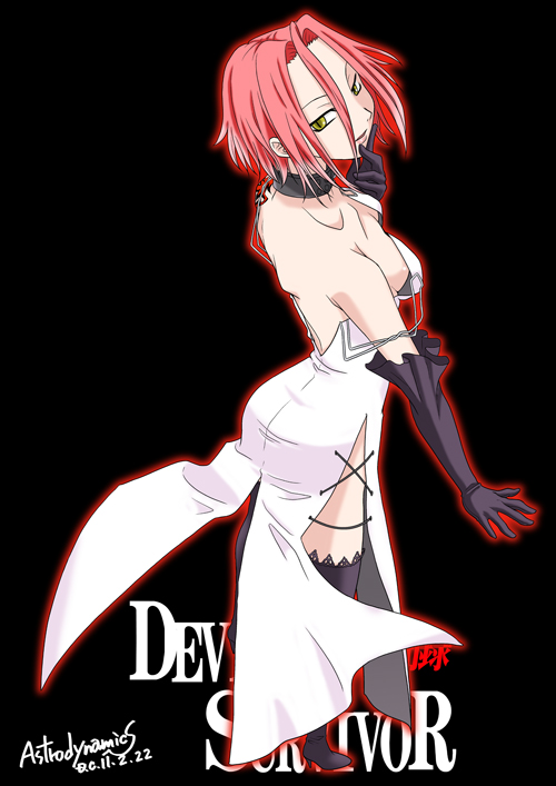 nanahisa, harusawa yoshino, devil survivor (series), devil survivor 1, 1girl, back, black thighhighs, boots, breasts, choker, downblouse, dress, elbow gloves, female focus, gloves, off shoulder, red hair, short hair, side slit, sideboob, solo, spaghetti strap, thigh boots, thighhighs, yellow eyes