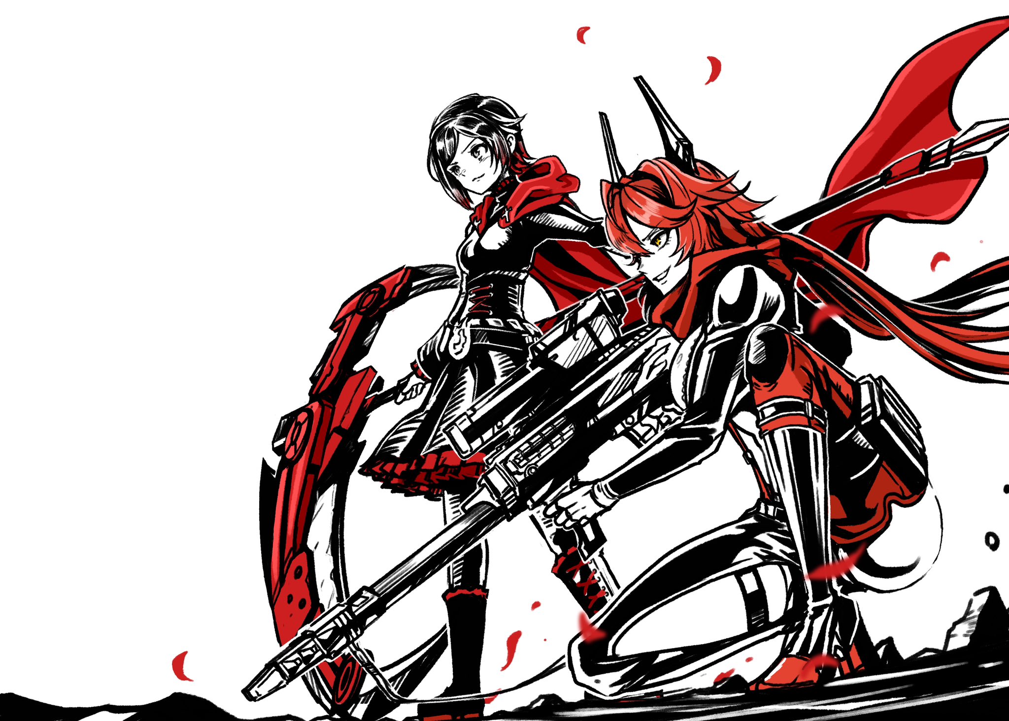 red hood (nikke), ruby rose, goddess of victory: nikke, rwby, highres, 2girls, between breasts, black gloves, black hair, boots, breasts, cape, cartridge, cleavage, cloak, clothing cutout, color connection, corset, crescent rose, crossover, crotch plate, double-parted bangs, fingerless gloves, flower-shaped hair, gloves, gradient hair, grey eyes, hair between eyes, head-mounted display, hip vent, hood, hooded cloak, horns, jacket, latex bikini, leather, leather jacket, leather pants, leg cutout, long hair, long sleeves, mechanical horns, multicolored hair, multiple girls, pants, pantyhose, petals, red cape, red hair, red scarf, rose petals, scarf, scrapgentle, scythe, short hair, smile, strap between breasts, trait connection, unzipped, very long hair, visor lift, yellow eyes