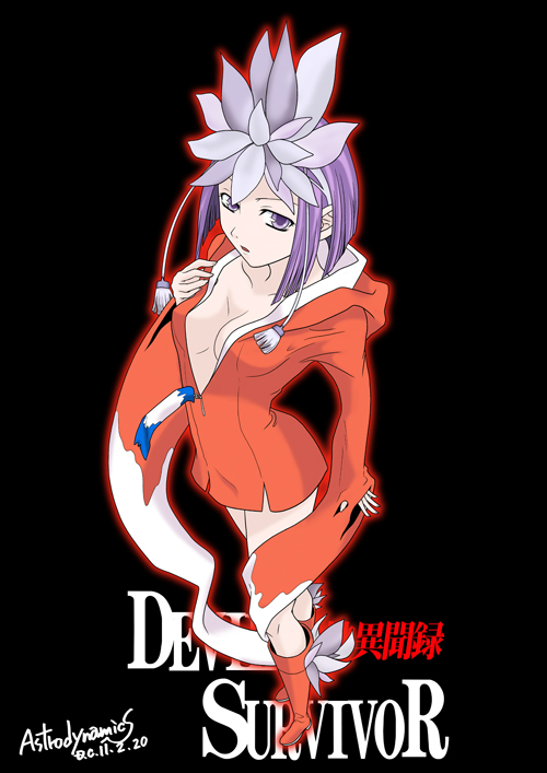 nanahisa, kuzuryuu amane, devil survivor (series), devil survivor 1, 1girl, boots, breasts, cleavage, feathers, female focus, headdress, hood, hoodie, large breasts, long sleeves, purple eyes, purple hair, short hair, solo, unzipped