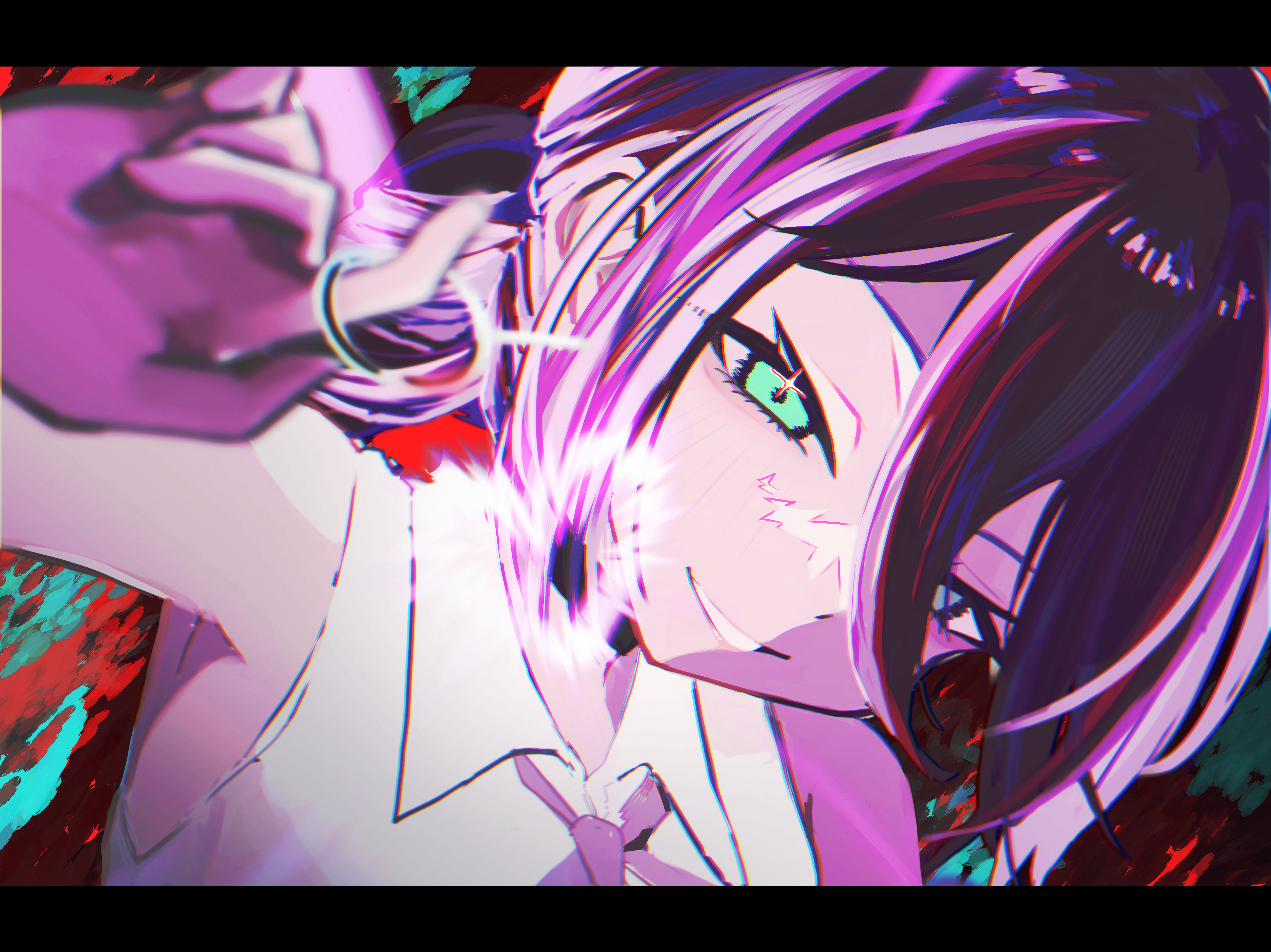 reze (chainsaw man), chainsaw man, absurdres, highres, 1girl, black choker, choker, collared shirt, green eyes, grenade pin, hair between eyes, hair bun, looking at viewer, purple hair, shirt, sleeveless, sleeveless shirt, solo, user mucd3824, white shirt