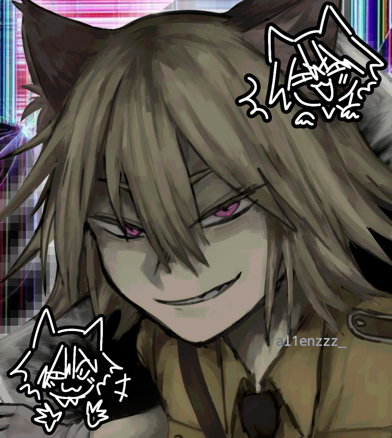 schroedinger (hellsing), hellsing, commentary, highres, 1boy, ab1zzz, abstract background, animal ears, black necktie, brown hair, brown shirt, cat boy, cat ears, collared shirt, evil grin, evil smile, grin, looking at viewer, male focus, military uniform, nazi, necktie, pink eyes, portrait, shirt, short hair, smile, solo, v-shaped eyes