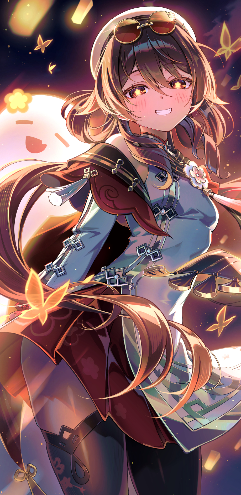 karen (navy 42), boo tao (genshin impact), hu tao (cherries snow-laden) (genshin impact), hu tao (genshin impact), genshin impact, highres, 1girl, 1other, bare shoulders, black thighhighs, breasts, brown hair, bug, butterfly, closed mouth, cowboy shot, detached sleeves, dress, eyewear on head, flower-shaped pupils, goggles, goggles on head, hair between eyes, hair rings, hat, insect, lantern, long hair, looking at viewer, night, official alternate costume, official alternate hairstyle, outdoors, paper lantern, red eyes, red goggles, red skirt, skirt, sky lantern, sleeveless, sleeveless dress, small breasts, smile, standing, symbol-shaped pupils, thighhighs, thighs, twintails, white dress, white hat, white sleeves
