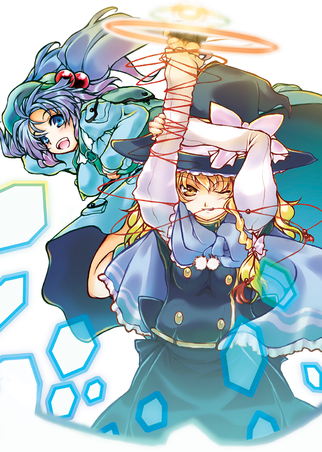 hase nanase, kawashiro nitori, kirisame marisa, touhou, 2girls, backpack, bag, blonde hair, blue eyes, blue hair, braid, female focus, hair bobbles, hair ornament, hat, mini-hakkero, multiple girls, randoseru, short hair, twintails, two side up, witch, witch hat, yellow eyes