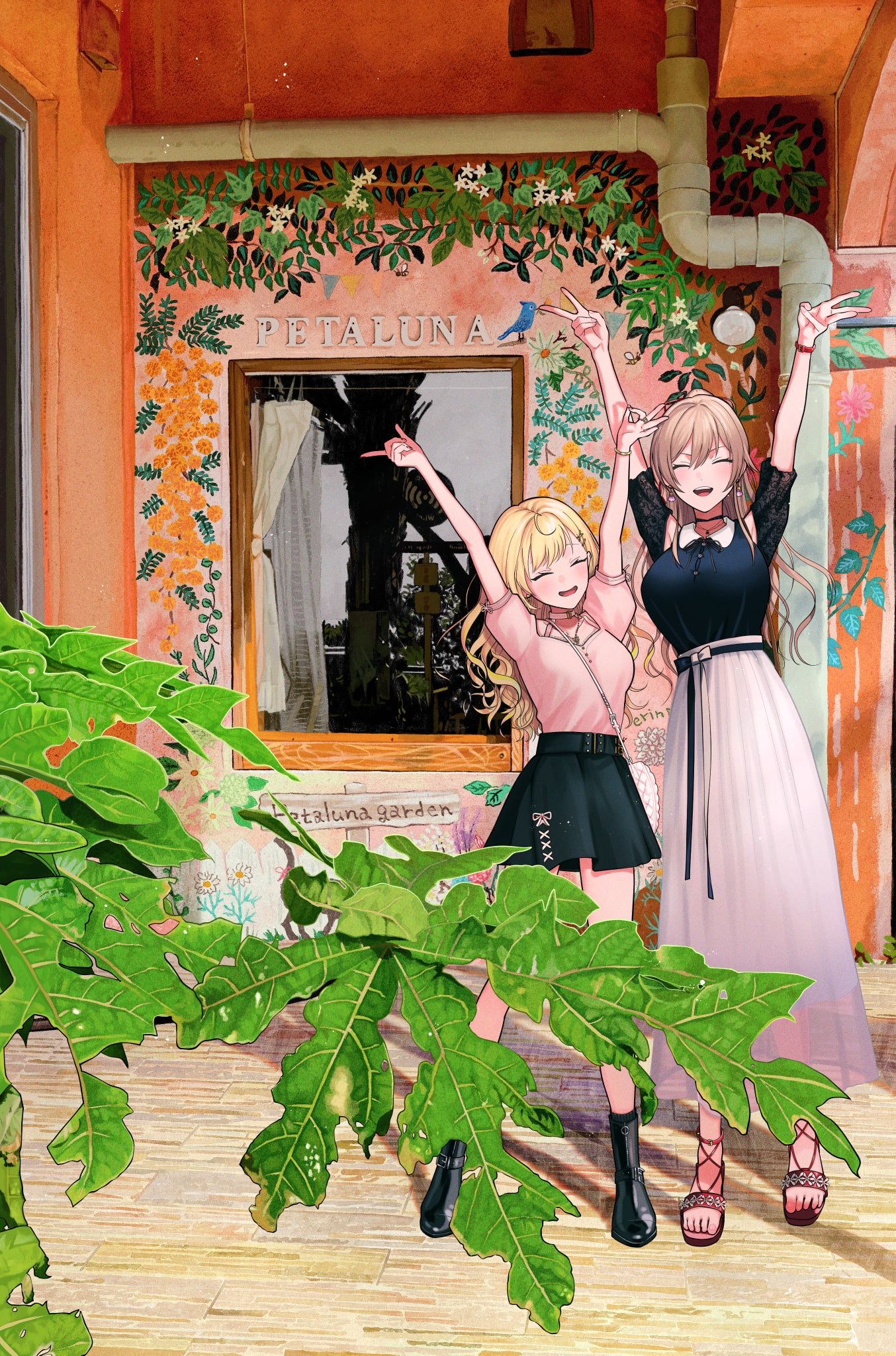 furen e lustario, furen e lustario (2nd costume), hoshikawa sara, hoshikawa sara (8th costume), nijisanji, hashtag-only commentary, highres, 2girls, arms up, blonde hair, breasts, brown hair, camera roll (anohi), choker, closed eyes, double v, height difference, large breasts, long hair, long skirt, miniskirt, multiple girls, open mouth, photo background, sandals, short sleeves, skirt, smile, v, virtual youtuber