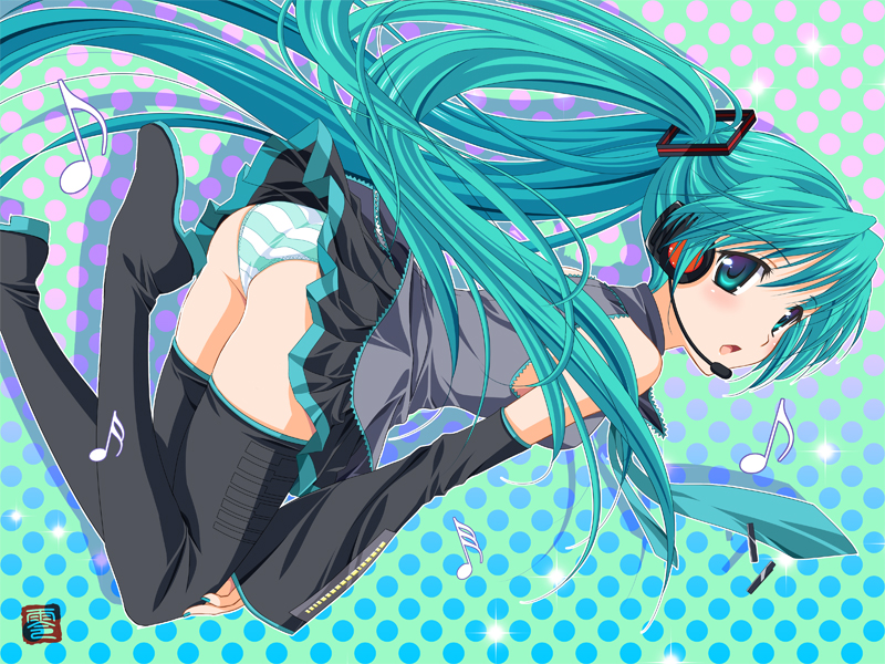 zero1, hatsune miku, vocaloid, aqua eyes, aqua hair, boots, long hair, panties, solo, striped clothes, striped panties, thigh boots, thighhighs, twintails, underwear, very long hair