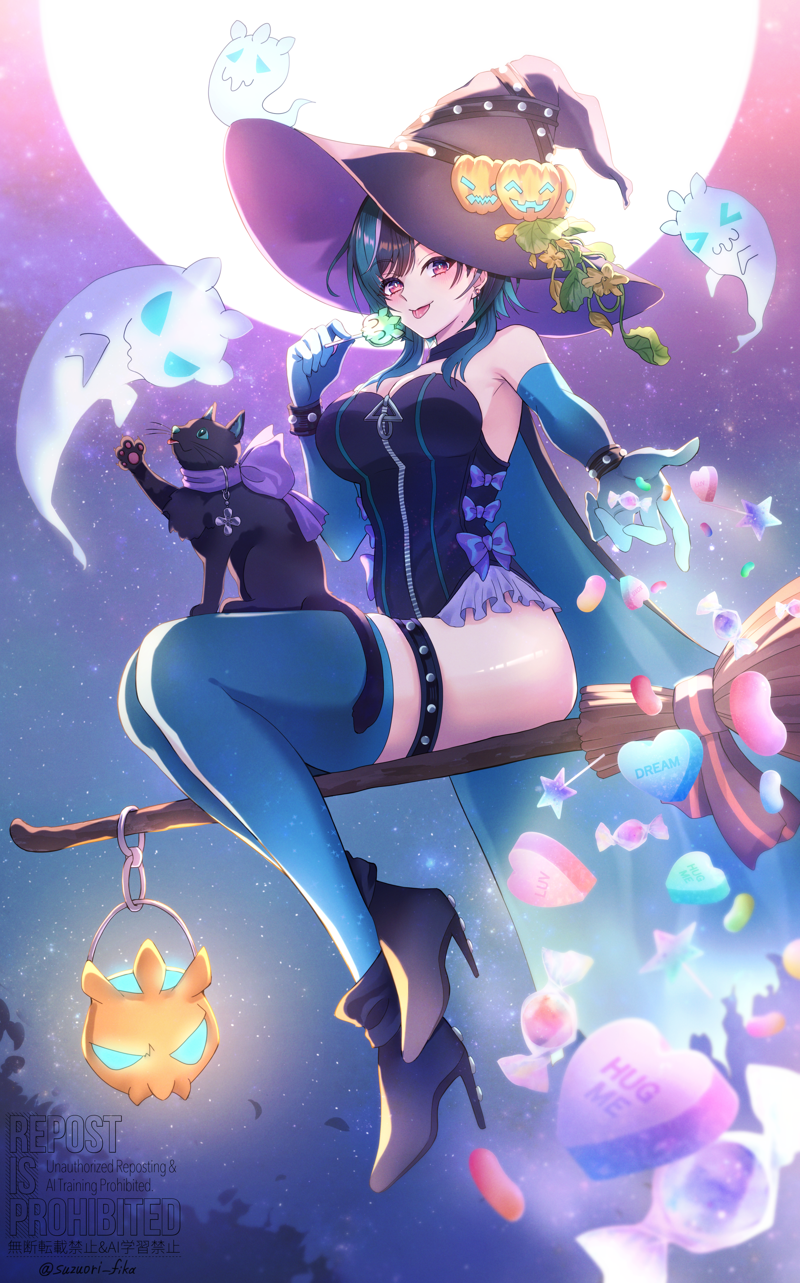 suzuori fika, rindo chihaya, hololive, hololive dev is, absurdres, commentary request, highres, 1girl, :p, alternate costume, aqua gloves, aqua hair, aqua thighhighs, black boots, black cape, black hair, black hat, black leotard, boots, broom, broom riding, candy, cape, cat, colored inner hair, food, frilled leotard, frills, full moon, ghost, gloves, hand up, hat, high heel boots, high heels, holding, holding food, holding popsicle, leotard, looking at viewer, medium hair, moon, multicolored hair, night, outdoors, popsicle, purple hair, reaching, reaching towards viewer, red eyes, sitting, solo, strapless, strapless leotard, streaked hair, swept bangs, thighhighs, tongue, tongue out, virtual youtuber, white hair, witch, witch hat