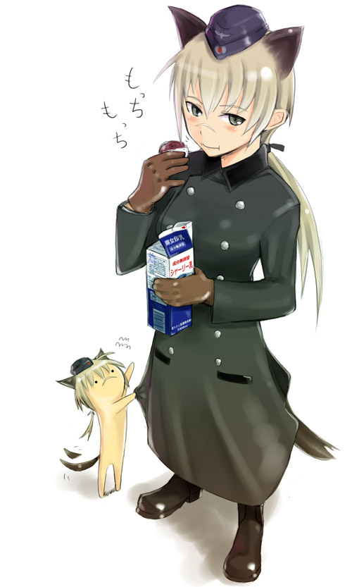 em (totsuzen no hakike), hanna rudel, strike witches, strike witches: suomus misfits squadron, world witches series, 00s, 1girl, animal ears, blonde hair, blush, boots, buttons, cat, cat ears, cat tail, coat, double-breasted, eating, female focus, from above, green eyes, hat, long hair, milk, milk carton, ponytail, scar, solo, tail
