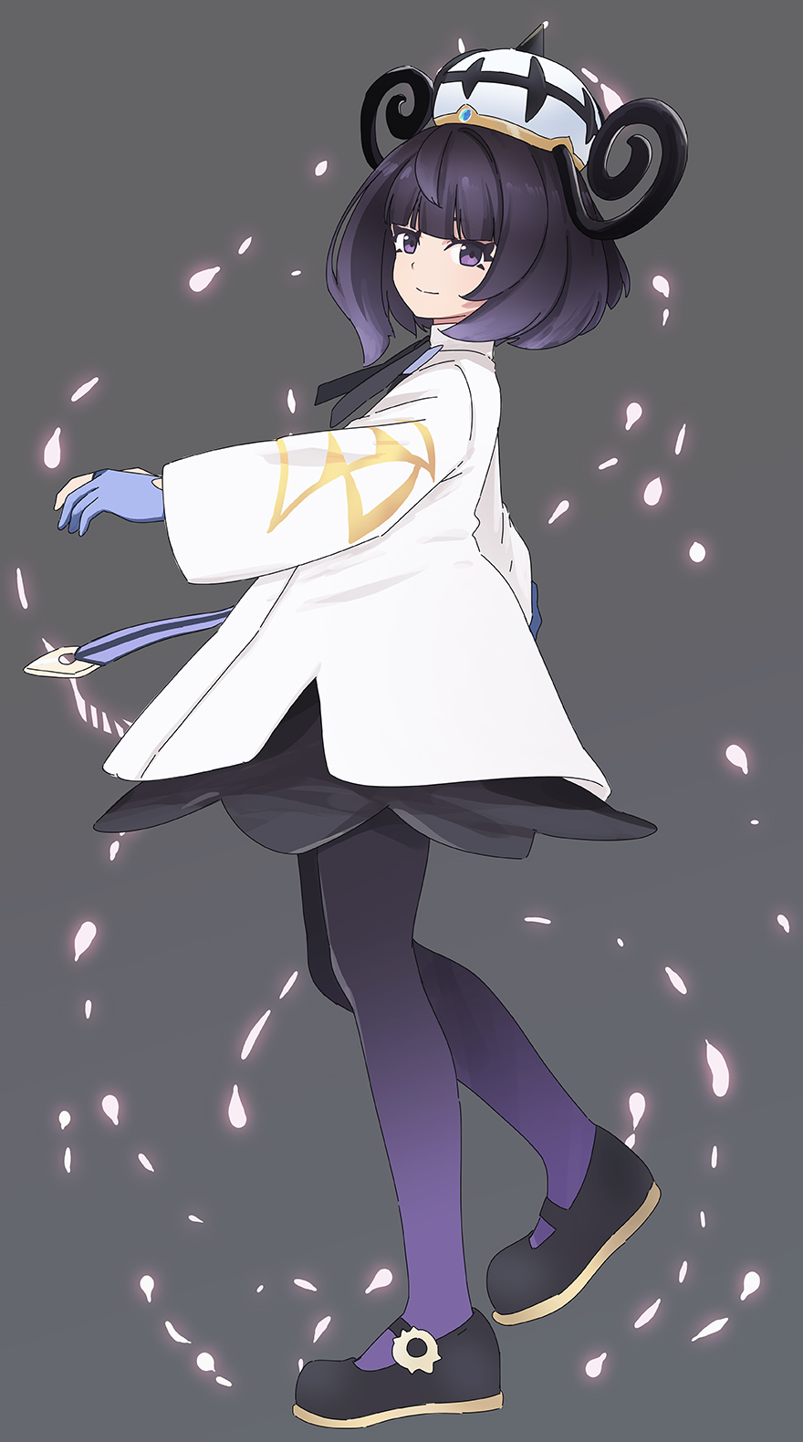 abe kanari, gwynn (pokemon), nintendo, pokemon, pokemon legends: z-a, highres, 1girl, black dress, black pantyhose, black shoes, blue gloves, blunt bangs, bob cut, closed mouth, coat, dress, eyelashes, from side, gloves, gradient pantyhose, grey background, long sleeves, looking at viewer, pantyhose, partially fingerless gloves, purple eyes, purple hair, purple pantyhose, shoes, short hair, smile, solo, white coat