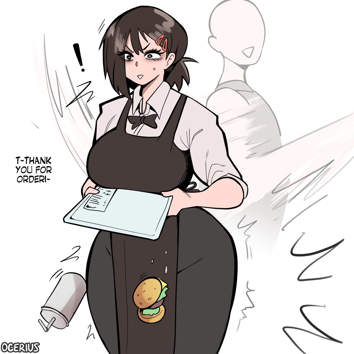 ocerius, higashiyama kobeni, chainsaw man, commentary, english commentary, highres, !, 1girl, 1other, apron, black apron, black bow, black bowtie, black eyes, black pants, bow, bowtie, brown hair, burger, collared shirt, cup, disposable cup, english text, family burger (chainsaw man), food, hair ornament, hairclip, holding, holding tray, open mouth, pants, sexual harassment, shirt, simple background, solo focus, spanking, sweatdrop, tray
