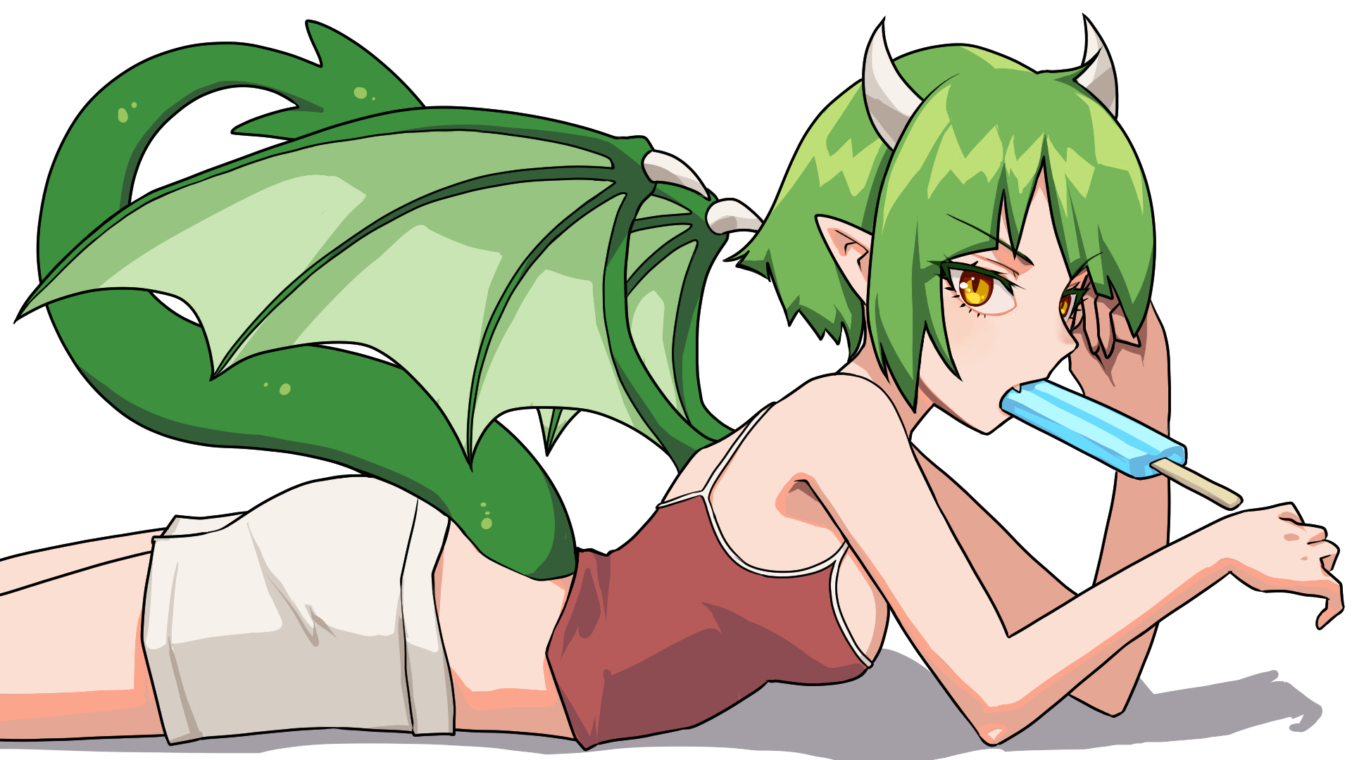 draco centauros, madou monogatari, puyopuyo, commentary request, highres, 1girl, breasts, brushing hair, brushing own hair, dra combo, dragon girl, dragon horns, dragon tail, dragon wings, fang, food, food in mouth, green hair, green tail, green wings, horns, looking at viewer, looking to the side, lying, medium breasts, on stomach, pointy ears, popsicle, popsicle in mouth, red tank top, short hair, shorts, simple background, slit pupils, solo, spaghetti strap, tail, tank top, white shorts, wings, yellow eyes
