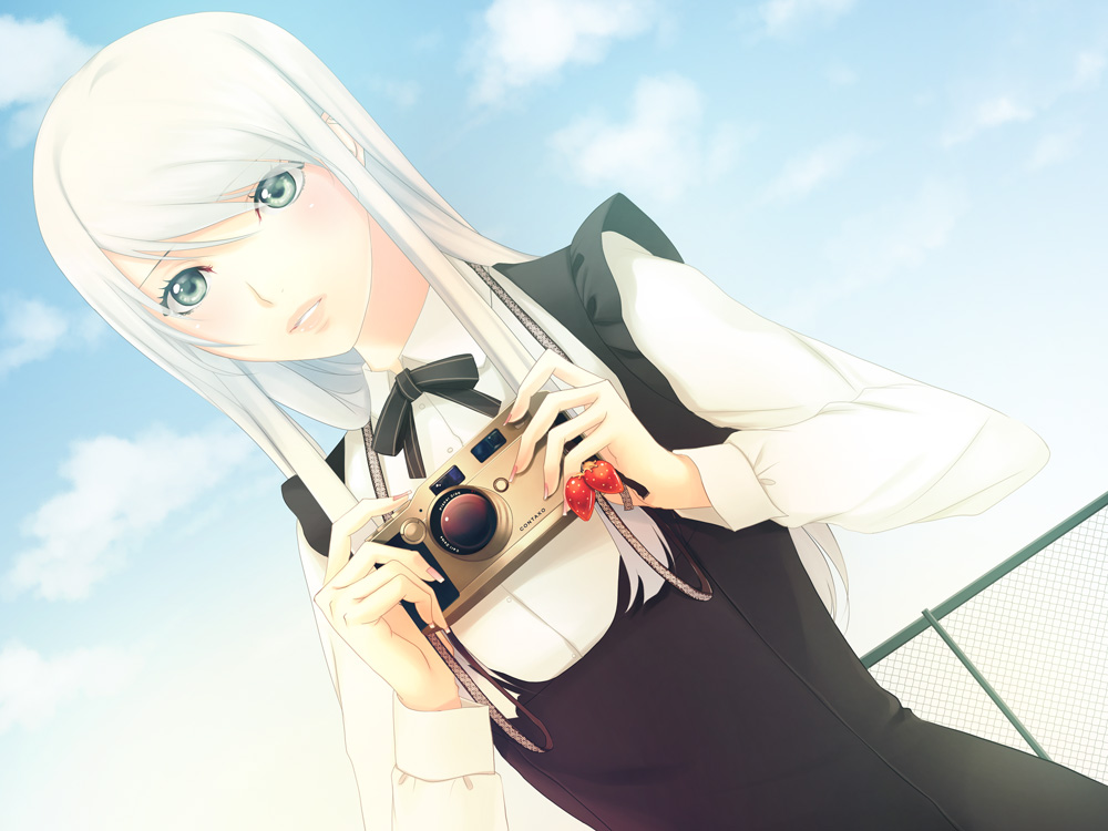 yoshimune (b12f), original, silver hair, bad id, bad pixiv id, 1girl, bow, camera, day, dutch angle, female focus, food, fruit, green eyes, lips, sky, solo, strawberry
