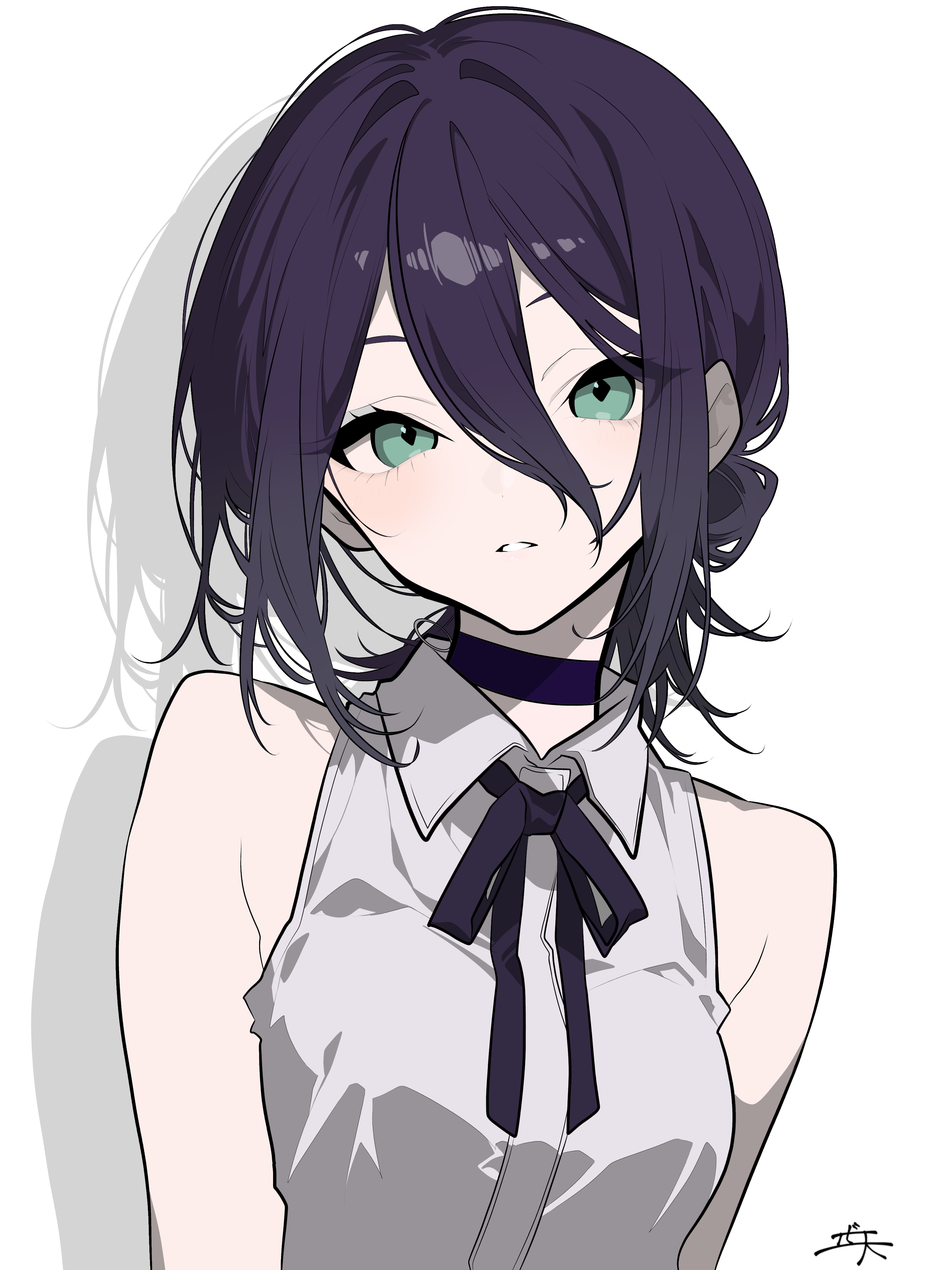 ebitennnn, reze (chainsaw man), chainsaw man, absurdres, highres, 1girl, black choker, black ribbon, breasts, choker, green eyes, grey shirt, hair between eyes, hair bun, looking at viewer, neck ribbon, parted lips, purple hair, ribbon, shadow, shirt, simple background, sleeveless, sleeveless shirt, small breasts, solo, white background