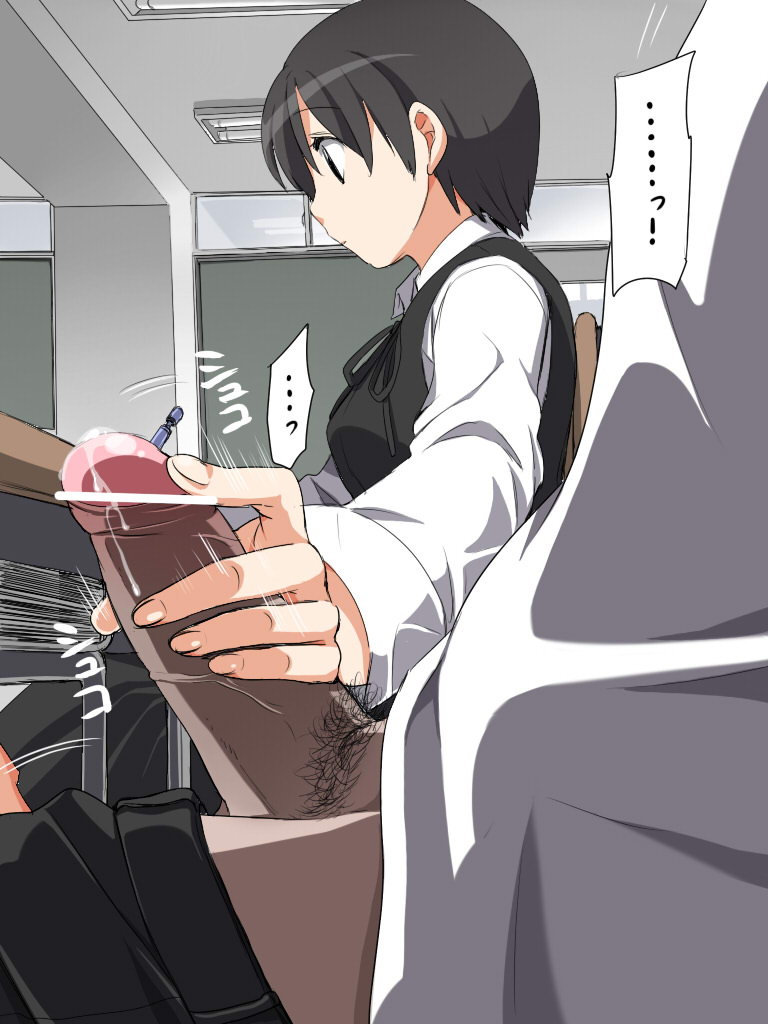 chupimaro, original, bad id, bad pixiv id, 1boy, 1girl, bar censor, black eyes, black hair, bored, censored, class, classroom, clothed sex, desk, expressionless, foreskin, handjob, hetero, male pubic hair, mechanical pencil, multitasking, pencil, penis, precum, pubic hair, public indecency, school, school uniform, short hair, sitting, solo focus, stealth handjob, stealth sex