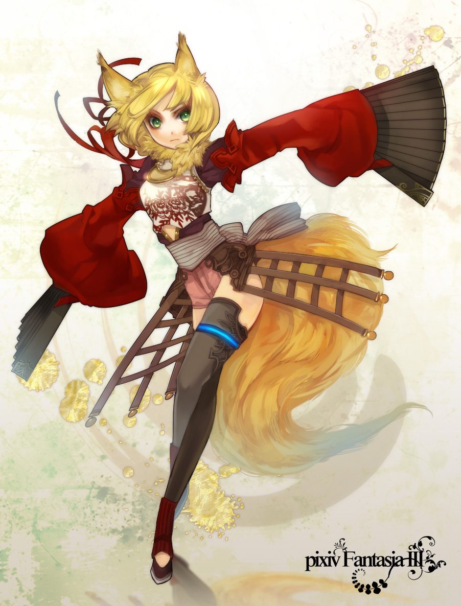 kyouka hatori, pixiv fantasia, pixiv fantasia 3, 1girl, animal ears, blonde hair, female focus, fox ears, fox tail, gigandal federation, green eyes, hand fan, short hair, solo, tail, thighhighs