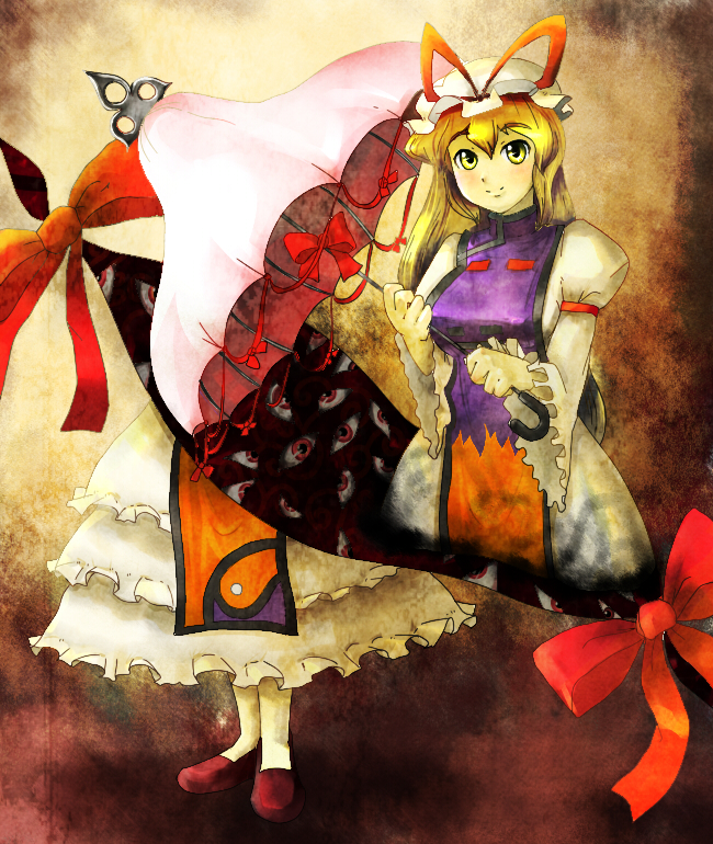 tottema, yakumo yukari, touhou, bad id, bad pixiv id, 1girl, blonde hair, breasts, dress, female focus, gap (touhou), gradient background, hat, long hair, ribbon, solo, umbrella, yellow eyes
