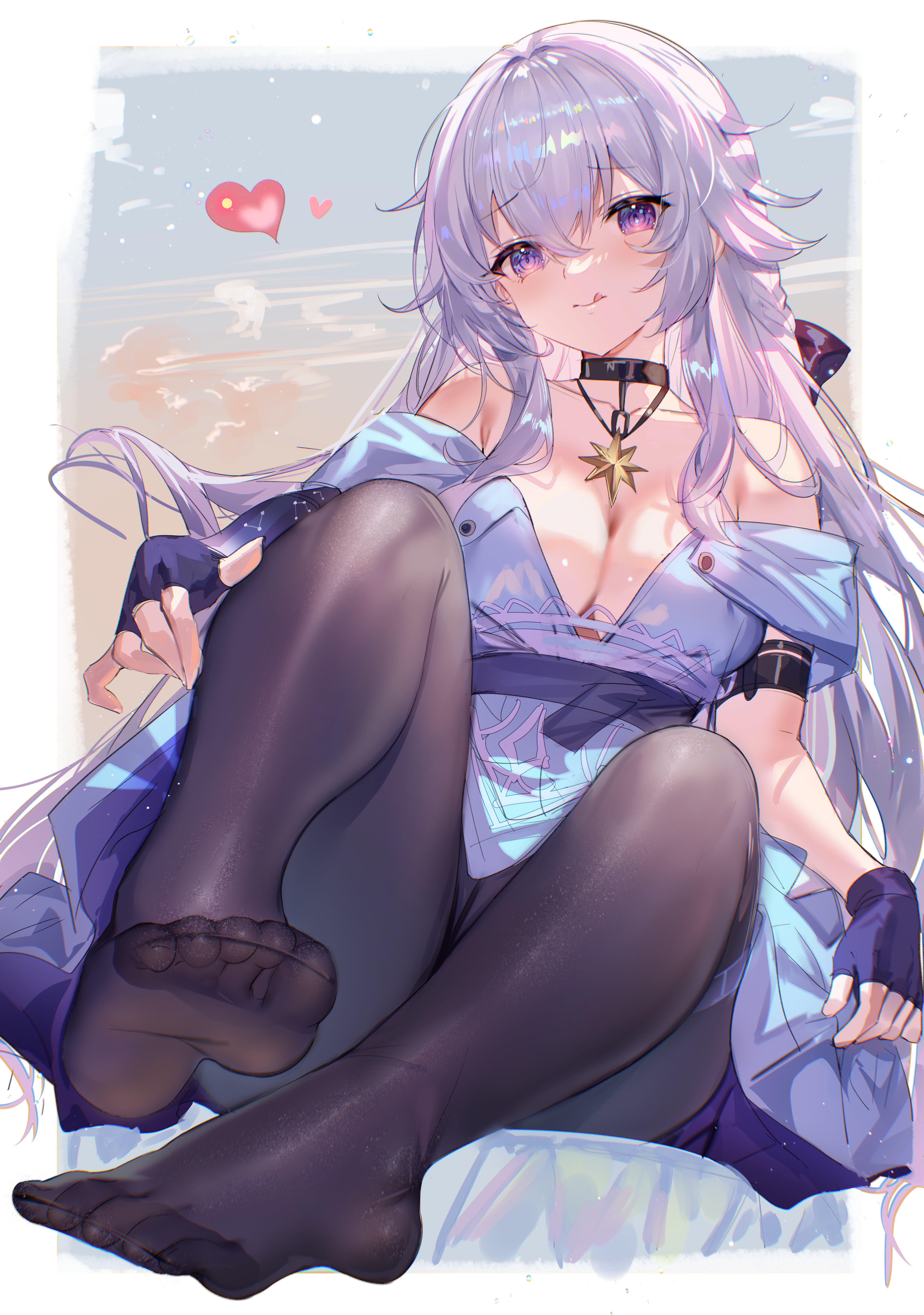 shanguier, celestia (strinova), strinova, absurdres, commentary request, highres, 1girl, :q, black pantyhose, blue dress, breasts, cleavage, closed mouth, collarbone, dress, feet, fingerless gloves, full body, gloves, grey hair, hair between eyes, head tilt, heart, knees up, large breasts, legs, long hair, looking at viewer, no shoes, off-shoulder dress, off shoulder, pantyhose, purple eyes, purple gloves, smile, solo, toe seam, toenails, toes, tongue, tongue out, very long hair