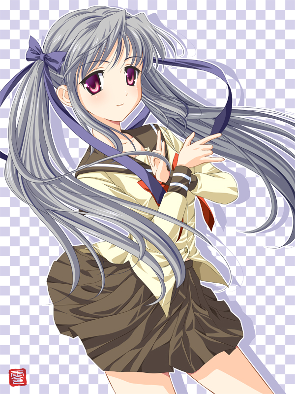 zero1, original, grey hair, hair ribbon, long hair, pink eyes, ribbon, school uniform, serafuku, skirt, solo, twintails