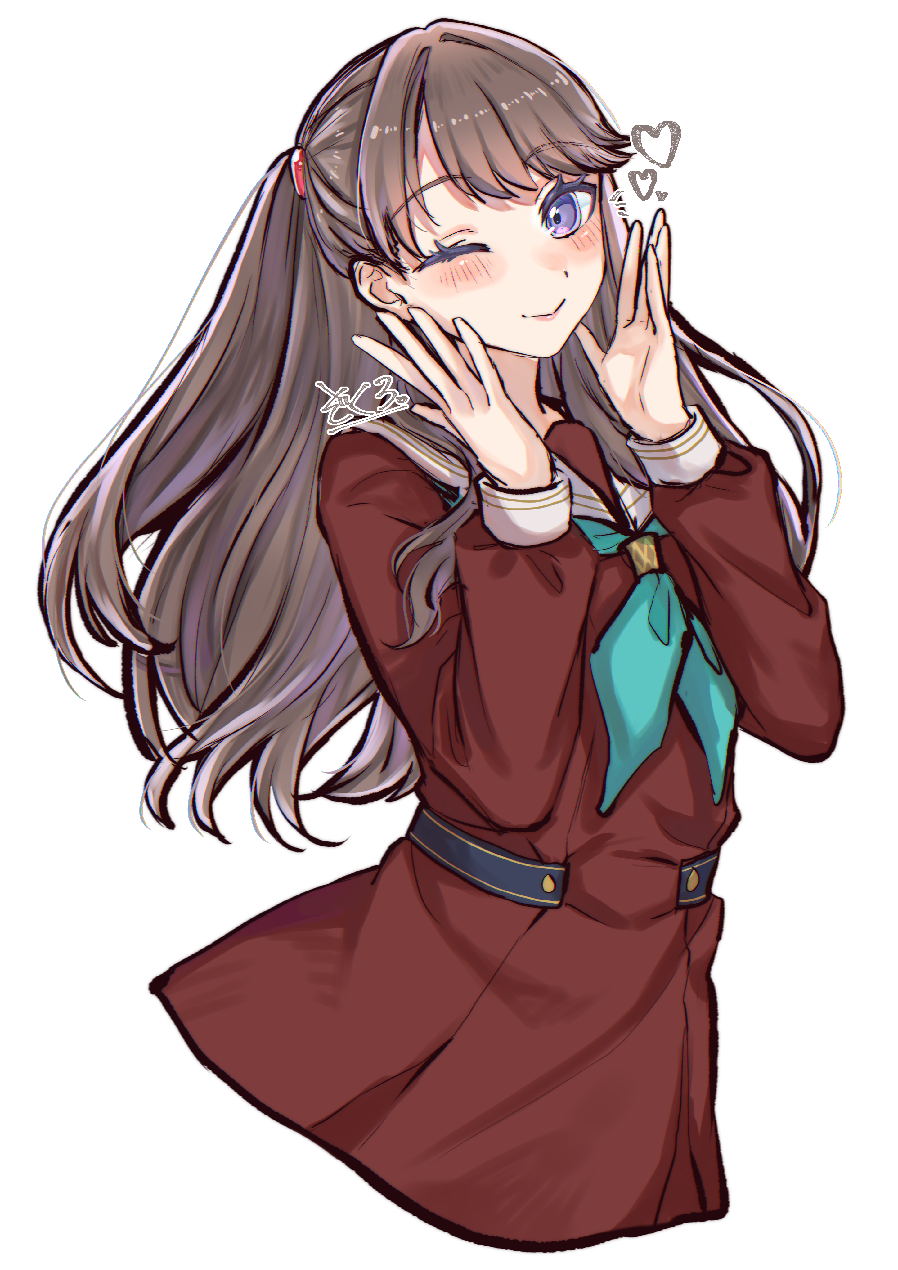 zokuro 1018, fujishima megumi, link! like! love live!, love live!, absurdres, commentary request, highres, 1girl, ;), aqua neckerchief, blush, brown dress, brown hair, dress, hair intakes, hasu no sora school uniform, heart, long hair, long sleeves, looking at viewer, neckerchief, one eye closed, pleated dress, purple eyes, sailor collar, sailor dress, school uniform, signature, simple background, smile, solo, two side up, virtual youtuber, white background, white sailor collar, winter uniform