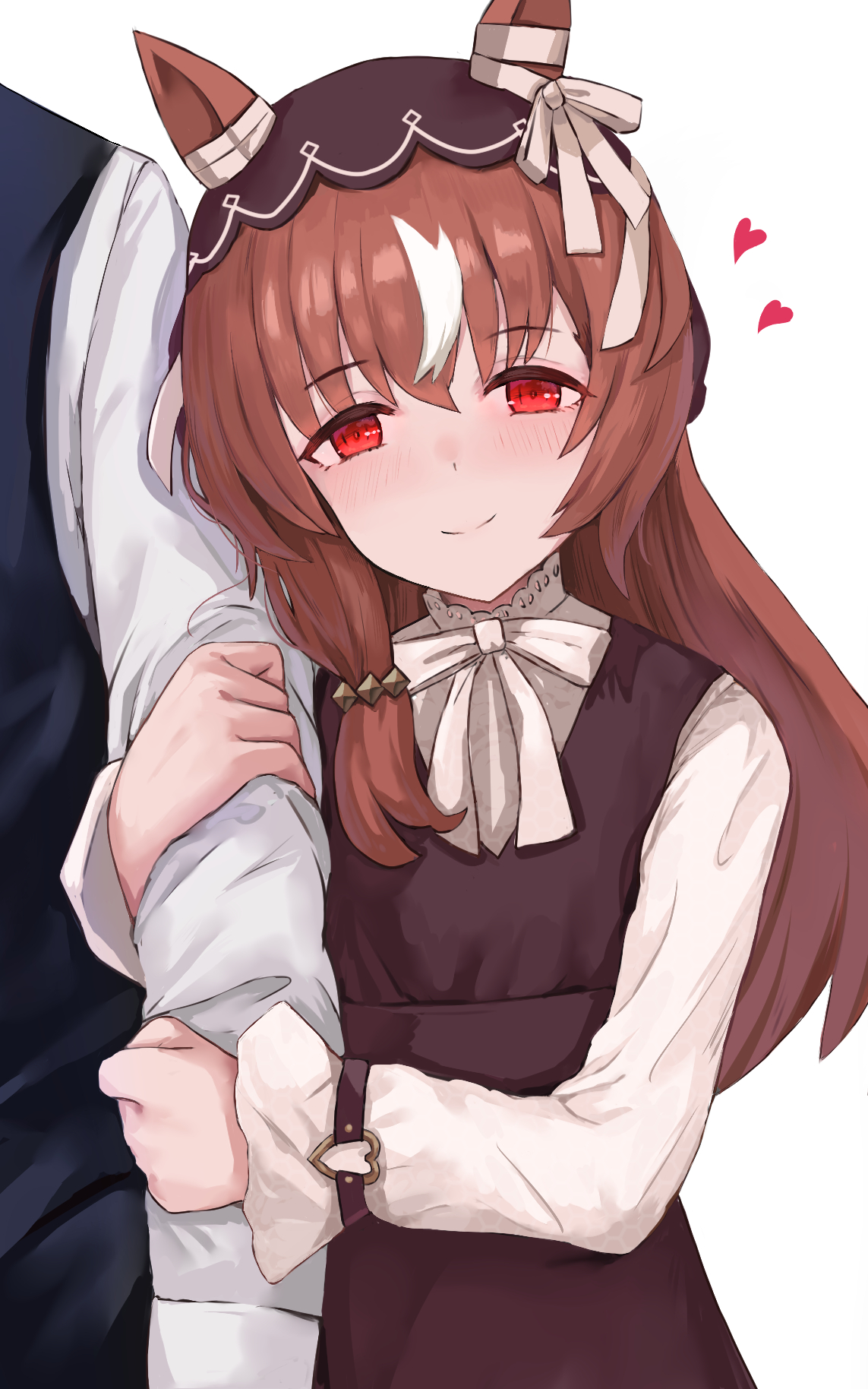 still in love (umamusume), trainer (umamusume), umamusume, highres, 1boy, 1girl, animal ears, arm hug, blush, breasts, casual, closed mouth, hair between eyes, hair ornament, heart, horse girl, kyuu ichijiku, looking at viewer, medium hair, smile, solo, veil, white background