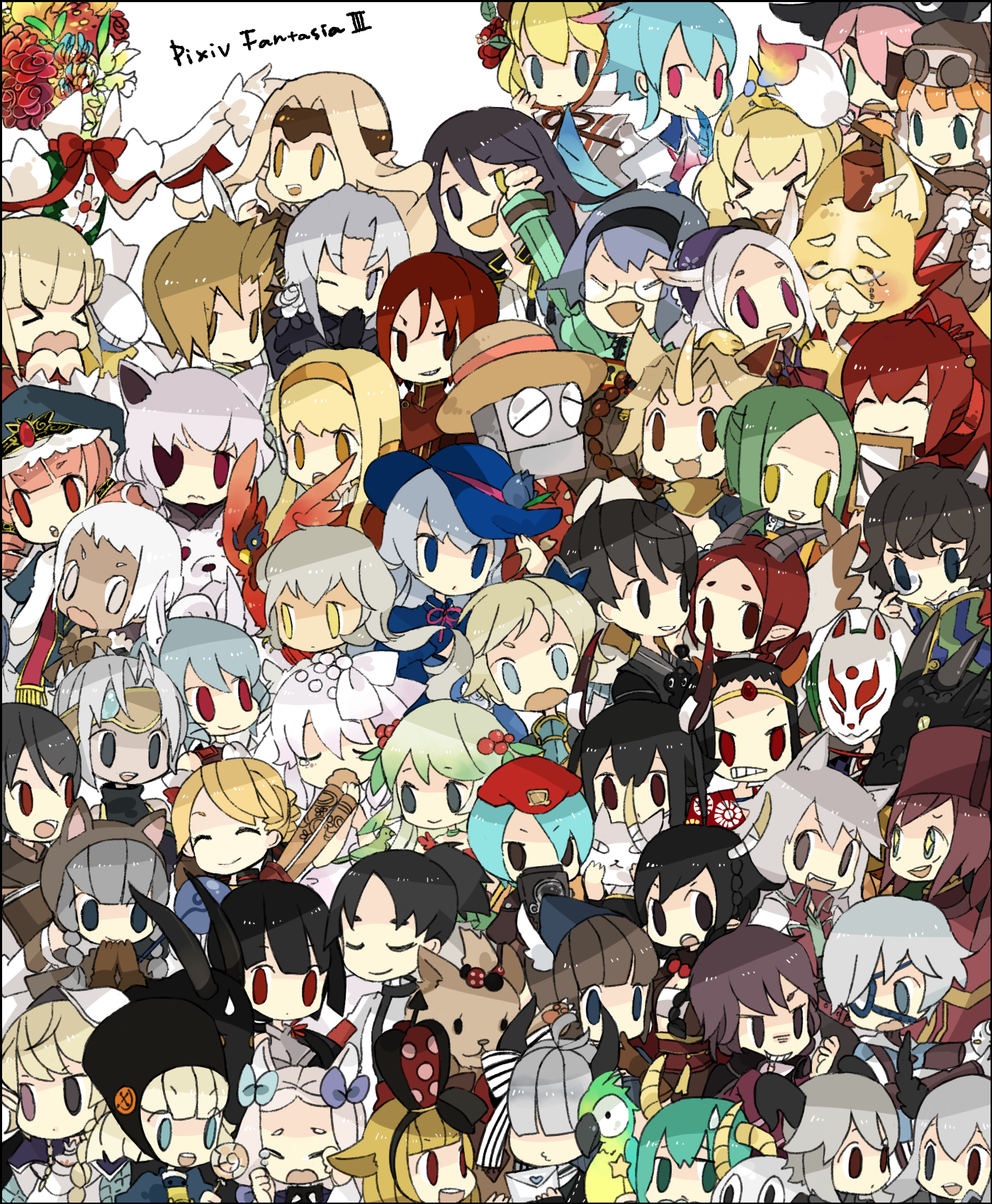 rinju umisu, sumisu (rinsumi), elaine (pixiv fantasia), yata (pixiv fantasia), pixiv fantasia, pixiv fantasia 3, bad id, bad pixiv id, highres, > <, 6+boys, 6+girls, angry, chibi, closed eyes, everyone, grin, happy, heterochromia, horns, mask, monster, multiple boys, multiple girls, one eye closed, smile, tears, wink