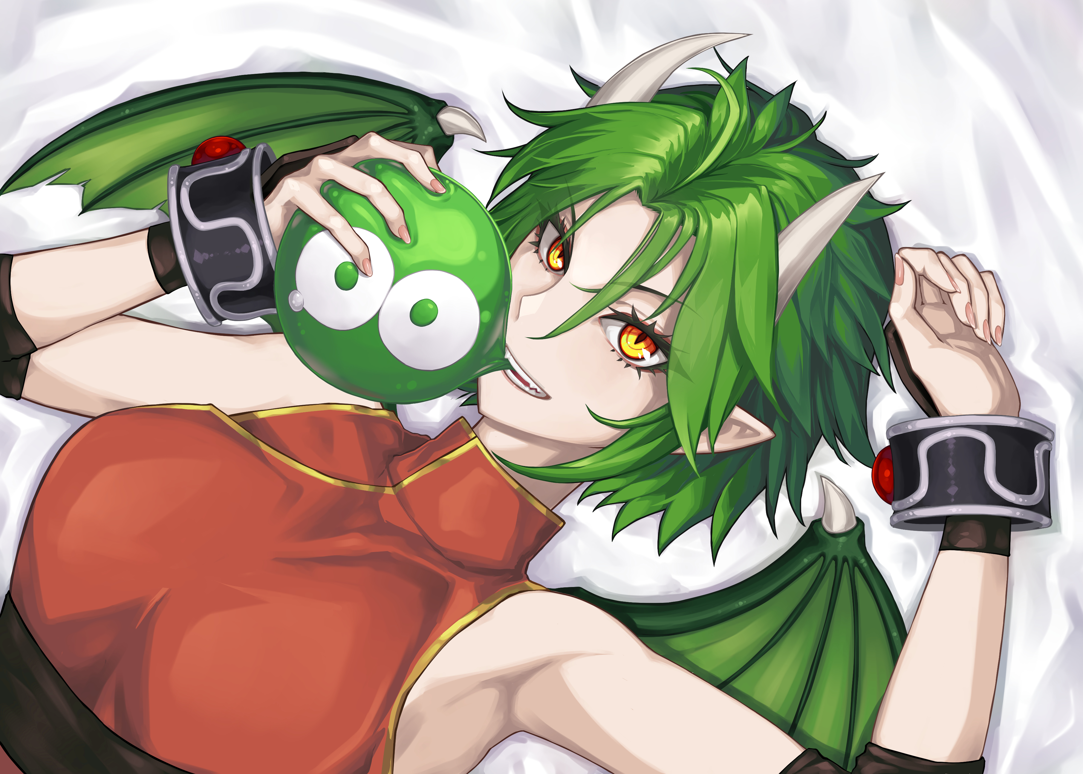 draco centauros, puyo (puyopuyo), madou monogatari, puyopuyo, absurdres, commentary request, highres, 1girl, 1other, armpits, biting, bracelet, china dress, chinese clothes, collar, dra combo, dragon girl, dragon horns, dragon wings, dress, elbow pads, green hair, green wings, hair between eyes, hand guard, holding, horns, jewelry, lying, on back, red dress, sharp teeth, short hair, slime (creature), slit pupils, squeezing, tears, teeth, wings, yellow eyes