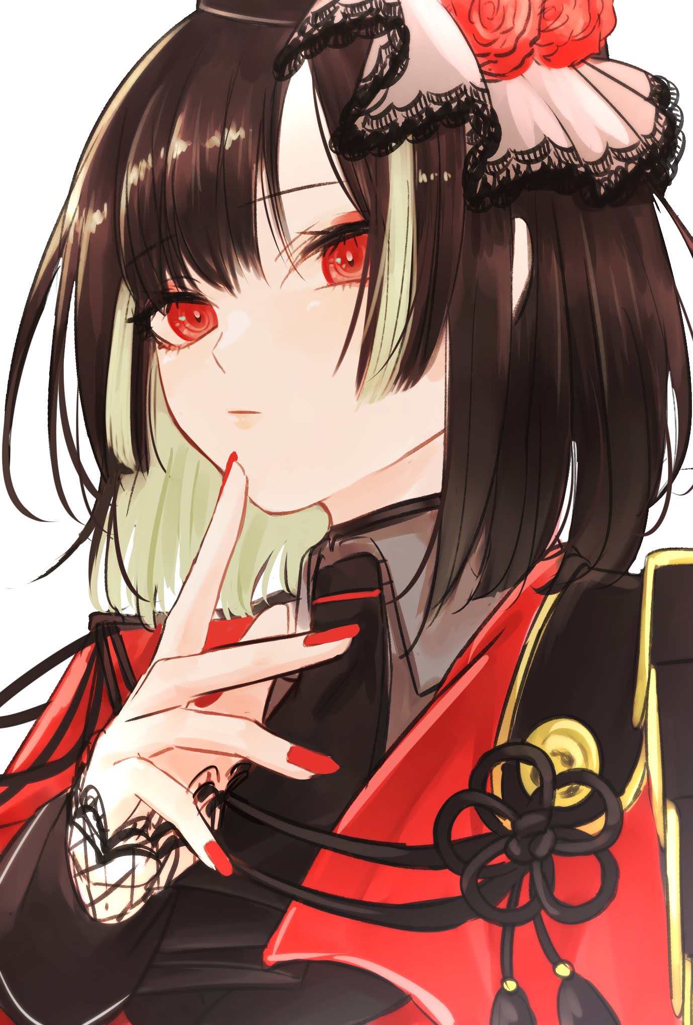 kyogoku masamune, touken ranbu, highres, 1boy, armor, ascot, black ascot, black choker, black hair, bob cut, choker, flower, grey shirt, jacket, lace-trimmed sleeves, lace trim, long sleeves, multicolored hair, nail polish, red eyes, red flower, red jacket, red nails, rose, shirt, short hair, shoulder armor, simple background, solo, streaked hair, white background, white hair, yueni reo