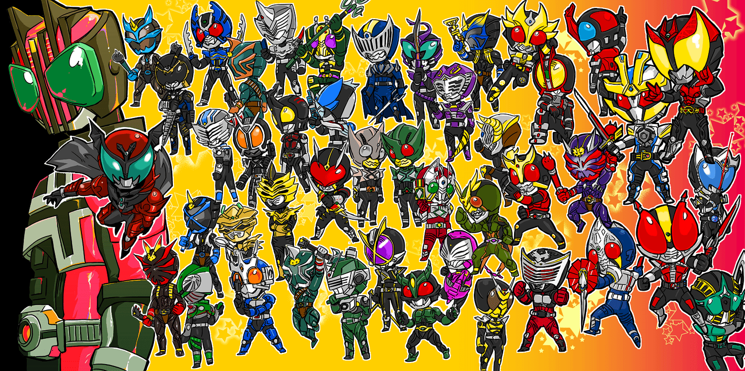 moi, alternative zero, kamen rider agito, kamen rider agito (ground form), kamen rider another agito, kamen rider blade, kamen rider chalice, kamen rider danki, kamen rider dark kabuto, kamen rider dark kiva, kamen rider decade, kamen rider delta, kamen rider den-o, kamen rider den-o (sword form), kamen rider drake, kamen rider eiki, kamen rider faiz, kamen rider g3, kamen rider gai, kamen rider garren, kamen rider gatack, kamen rider gills, kamen rider hibiki, kamen rider ibuki, kamen rider imperer, kamen rider ixa, kamen rider kabuto, kamen rider kaixa, kamen rider kick hopper, kamen rider kiva, kamen rider knight, kamen rider kuuga, kamen rider leangle, kamen rider odin, kamen rider ohja, kamen rider ouja, kamen rider punch hopper, kamen rider raia, kamen rider ryuki, kamen rider sabaki, kamen rider saga, kamen rider sasword, kamen rider scissors, kamen rider thebee, kamen rider tiger, kamen rider todoroki, kamen rider verde, kamen rider zanki, kamen rider zeronos, kamen rider zolda, kamen rider, kamen rider 555, kamen rider agito (series), kamen rider blade (series), kamen rider dcd, kamen rider den-o (series), kamen rider hibiki (series), kamen rider kabuto (series), kamen rider kiva (series), kamen rider kuuga (series), kamen rider ryuki (series), 6+boys, absolutely everyone, antennae, belt, cape, chibi, everyone, gun, head wings, horns, male focus, multiple boys, staff, sword, weapon, wings