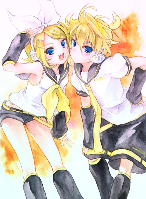 geroro, kagamine len, kagamine rin, vocaloid, bad id, bad pixiv id, 1boy, 1girl, blonde hair, blue eyes, blush, brother and sister, cheek-to-cheek, hair ornament, hair ribbon, hairclip, heads together, necktie, ribbon, short hair, shorts, siblings, twins, yellow necktie