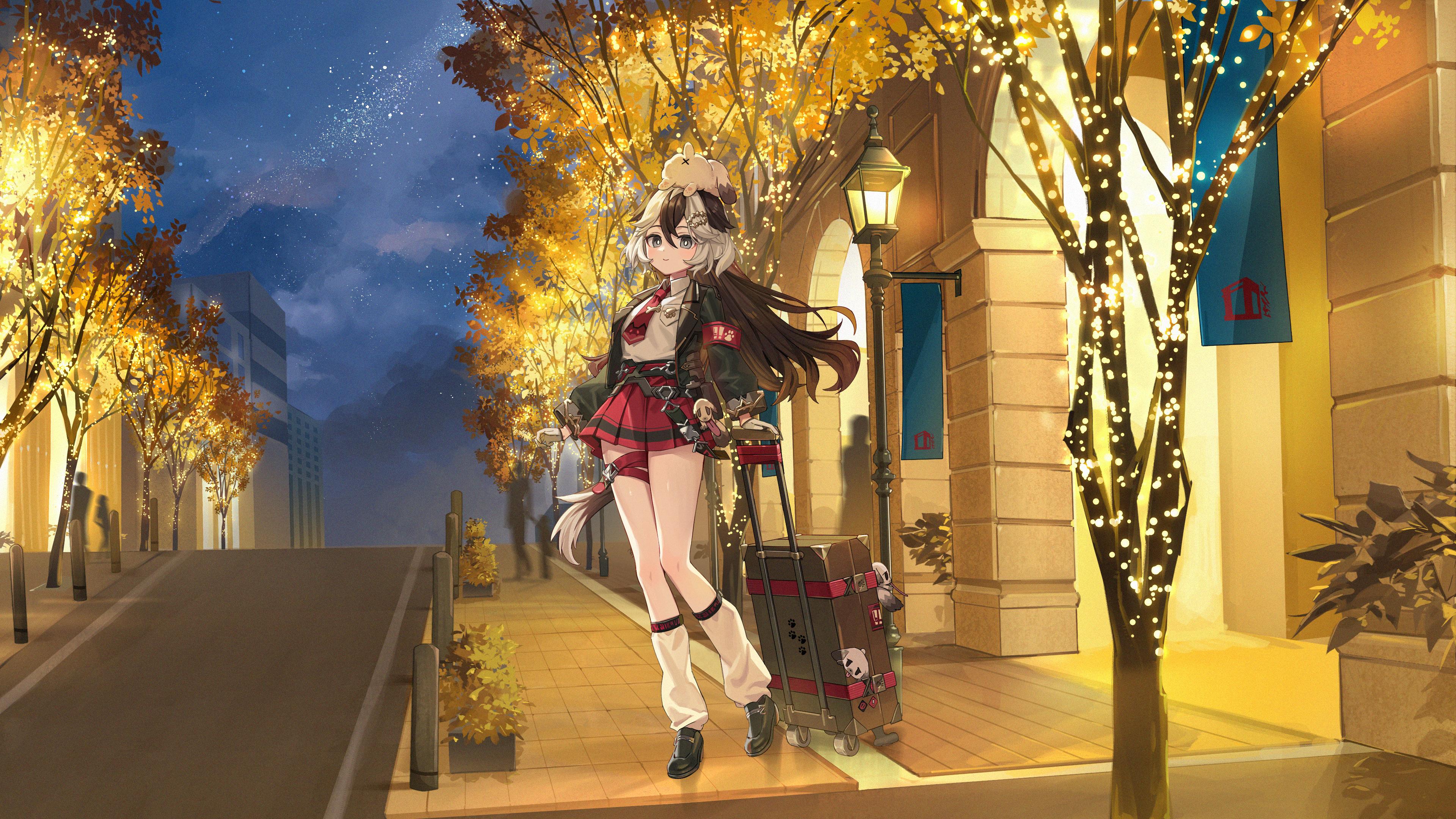yu-ri (arium047), coralie 6626 planck, coralie 6626 planck (puppy patrol), honkai (series), honkai impact 3rd, absurdres, highres, second-party source, 1girl, animal, animal on head, armband, autumn, autumn leaves, belt, black hair, black jacket, black shoes, closed mouth, full body, gloves, grey eyes, grey hair, hair between eyes, hair ornament, half gloves, jacket, leaf, long hair, long sleeves, looking at viewer, loose socks, multicolored hair, necktie, official alternate costume, on head, outdoors, pleated skirt, red armband, red belt, red necktie, red skirt, shirt, shoes, skirt, smile, socks, solo, standing, tail, thigh belt, thigh strap, two-tone hair, weapon, white shirt, white socks