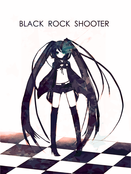 amachi osamu, black rock shooter (character), black rock shooter, bad id, bad pixiv id, 10s, bikini, bikini top only, cape, long hair, shorts, solo, swimsuit, thighhighs, twintails, very long hair
