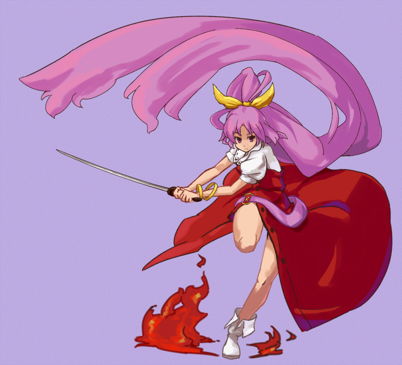 shibasaki shouji, watatsuki no yorihime, silent sinner in blue, touhou, touhou bougetsushou, bad id, bad pixiv id, 1girl, belt, boots, bow, bracelet, female focus, hair bow, high ponytail, jewelry, katana, legs, long hair, ponytail, purple hair, ribbon, simple background, solo, sword, very long hair, weapon