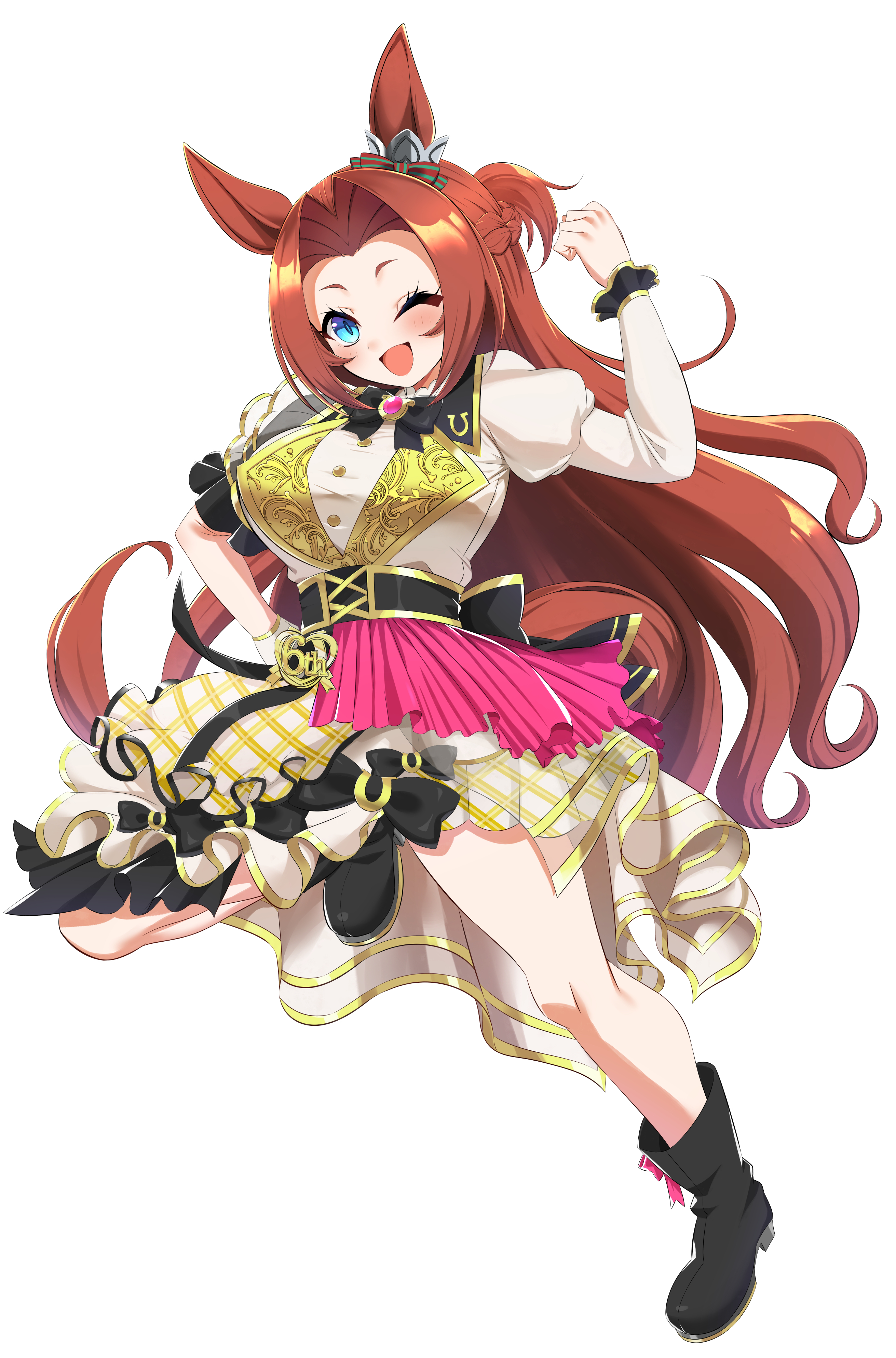 maou (maoudaisukiya), kawakami princess (umamusume), umamusume, absurdres, commentary request, highres, 1girl, alternate costume, animal ears, blue eyes, blush, boots, breasts, brown hair, clenched hands, forehead, full body, hair ornament, horse girl, large breasts, long hair, looking at viewer, one eye closed, standing, standing on one leg, white background