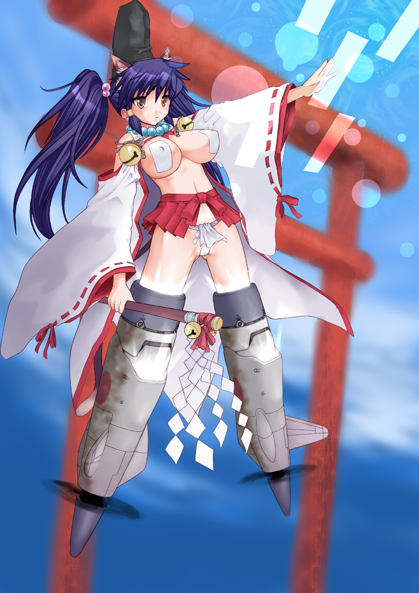 juubaori mashumaro, strike witches, world witches series, highres, 00s, 1girl, adapted uniform, animal ears, bell, blush, breasts, detached sleeves, female focus, fundoshi, gohei, huge breasts, japanese clothes, jingle bell, long hair, miko, nontraditional miko, oonusa, pasties, pastries, purple hair, solo, striker unit, torii, twintails