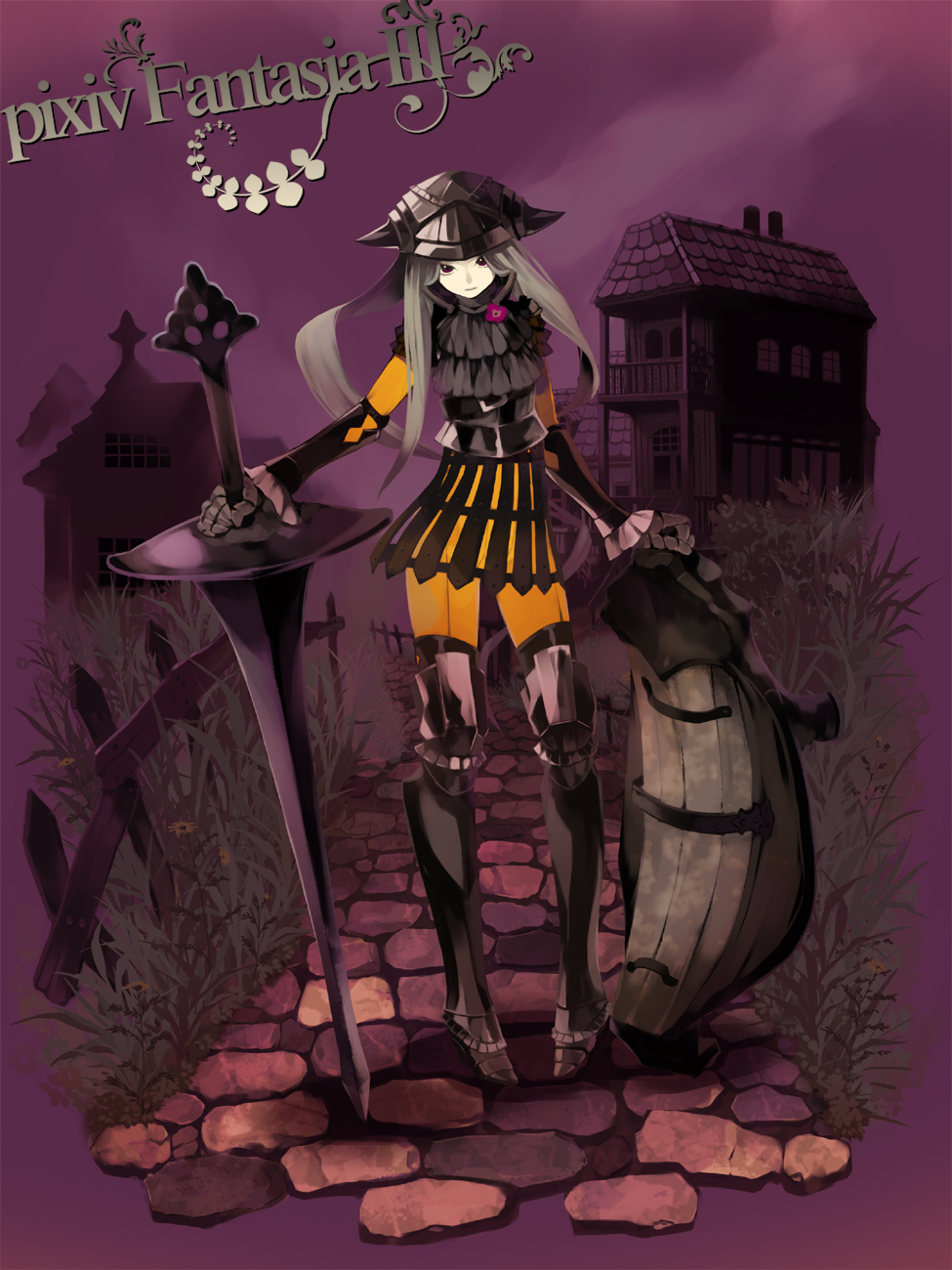 komagarita, komagata, pixiv fantasia, pixiv fantasia 3, bad id, bad pixiv id, highres, armor, gigandal federation, greaves, helm, helmet, lance, long hair, night, polearm, red eyes, shield, solo, spear, sword, weapon