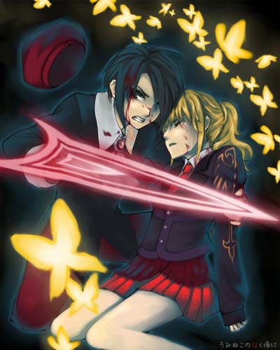 huyumine, kanon (umineko), ushiromiya jessica, umineko no naku koro ni, lowres, md5 mismatch, resolution mismatch, source larger, 00s, 1boy, 1girl, blood, bug, butterfly, hat, insect, ponytail