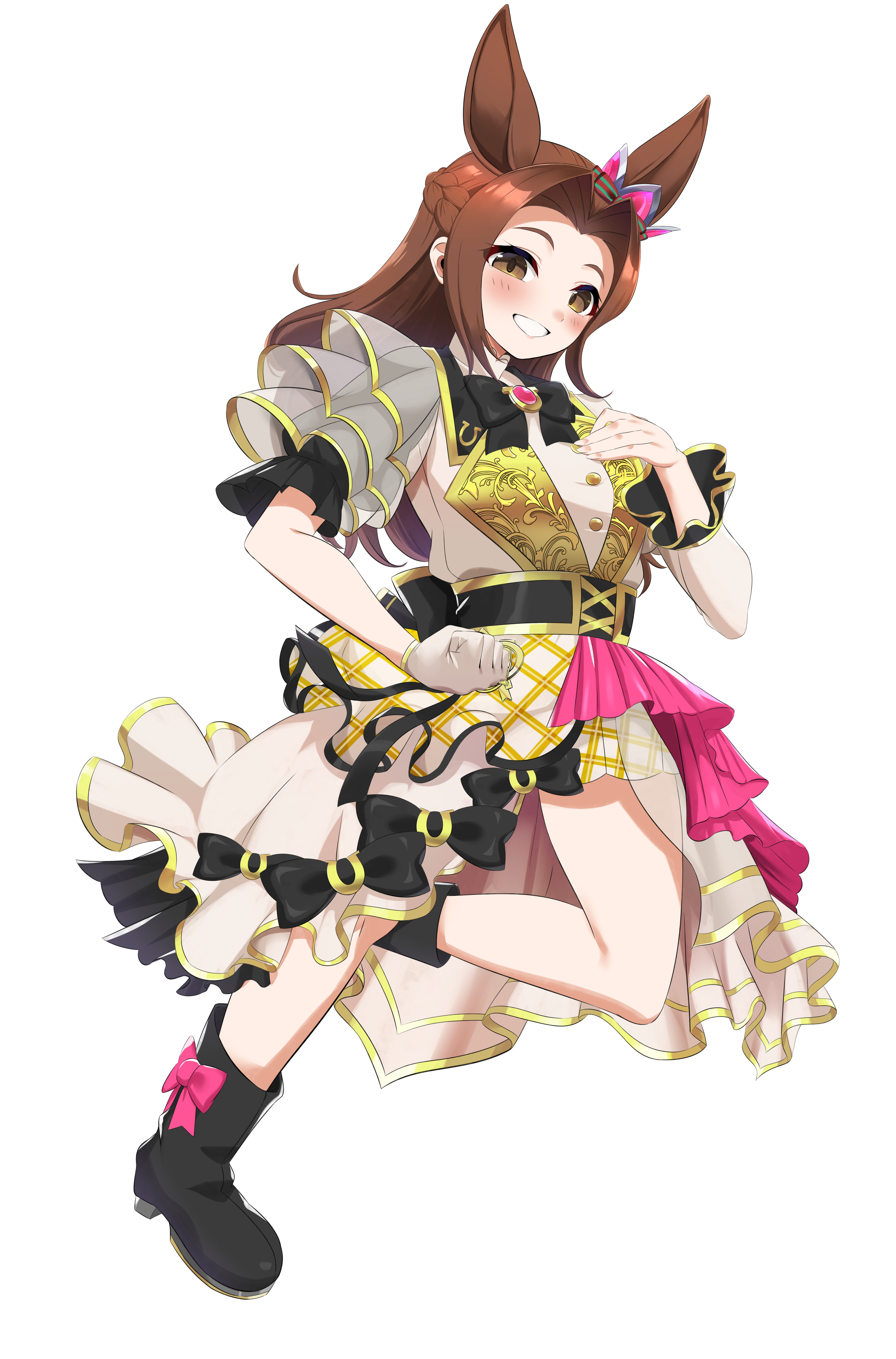 maou (maoudaisukiya), umamusume, absurdres, highres, 1girl, animal ears, blush, breasts, brown hair, clenched hand, full body, gloves, hair between eyes, hair ornament, long hair, looking at viewer, medium breasts, ribbon, simple background, solo, standing, standing on one leg, voice actor, white background