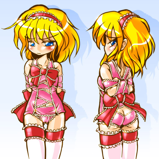 winn, alice margatroid, touhou, 1girl, bdsm, blonde hair, blue eyes, blush, bondage, bound, female focus, hairband, naked ribbon, one-piece swimsuit, pink one-piece swimsuit, ribbon, ribbon bondage, school swimsuit, swimsuit, thighhighs, white thighhighs
