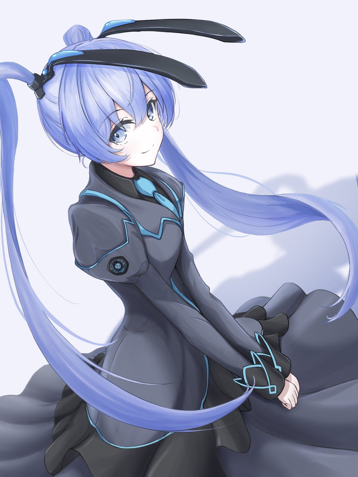sin sin shinji, yashiro kasumi, muv-luv, muv-luv alternative, highres, 1girl, animal ears, blue eyes, blue hair, blue necktie, dress, fake animal ears, grey dress, grey jacket, jacket, juliet sleeves, long hair, long sleeves, looking at viewer, mechanical ears, necktie, puffy sleeves, rabbit ears, smile, solo, twintails, un uniform (muv-luv), very long hair