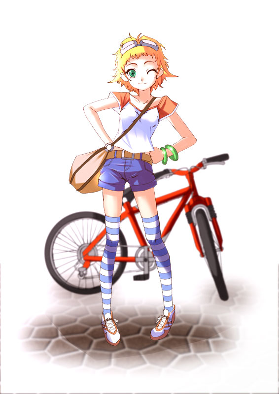 hiro takase, takase hiro, original, 1girl, bicycle, blonde hair, denim, denim shorts, female focus, goggles, green eyes, legs, one eye closed, short hair, shorts, solo, thighhighs, wink