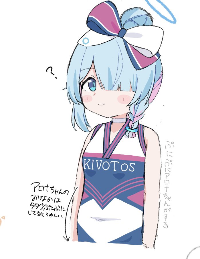arona (blue archive), blue archive, 1girl, ?, belly, blue eyes, blue hair, blue halo, blush stickers, bow, breasts, cheerleader, choker, hair bow, hair over one eye, halo, mdrms aropla, navel, official alternate costume, small breasts, smile, white background, white choker