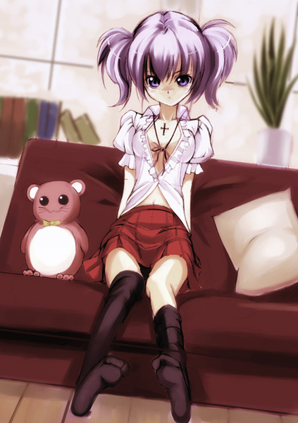 hiro takase, takase hiro, original, bra, couch, cross, feet, jewelry, lingerie, necklace, pillow, purple eyes, purple hair, skirt, solo, stuffed animal, stuffed toy, thighhighs, twintails, underwear