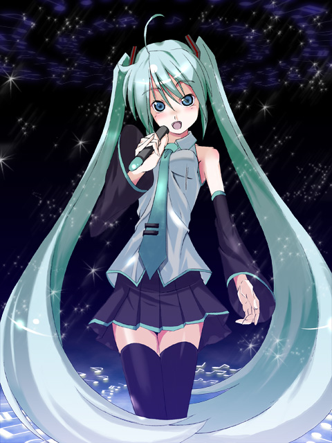 hiro takase, takase hiro, hatsune miku, vocaloid, bad id, bad pixiv id, 1girl, aqua eyes, aqua hair, bad anatomy, bad hands, detached sleeves, female focus, long hair, microphone, necktie, poorly drawn, skirt, solo, thighhighs, twintails, very long hair
