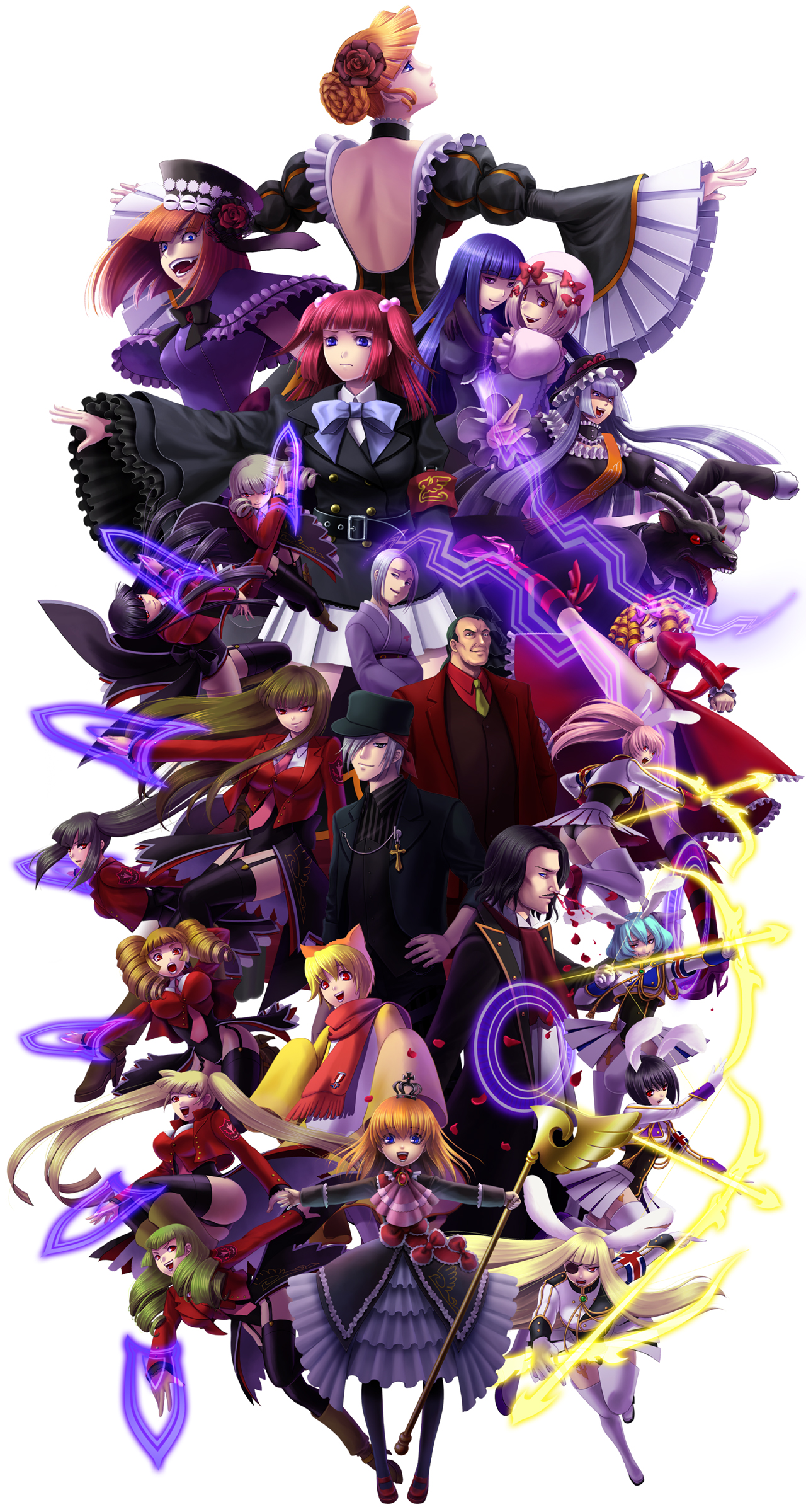 moco+, amakusa juuza, asmodeus (umineko), beatrice (umineko), beelzebub (umineko), belphegor (umineko), chiester00, chiester410, chiester45, chiester556, chiester sisters, eva beatrice, frederica bernkastel, gaap (umineko), lambdadelta, leviathan (umineko), lucifer (umineko), mammon (umineko), maria (umineko), okonogi tetsurou, ronove (umineko), satan (umineko), stakes of purgatory, sumadera kasumi, ushiromiya ange, virgilia (umineko), 07th expansion, no naku koro ni (series), umineko no naku koro ni, silver hair, absurdres, bad id, bad pixiv id, highres, 00s, 4boys, 6+girls, animal ears, black eyes, black hair, blonde hair, blood, blue eyes, blue hair, bow, breasts, choker, crown, dress, drill hair, formal clothes, frills, green hair, hair bobbles, hair bun, hair ornament, hat, jacket, large breasts, long hair, medium breasts, mini hat, mini top hat, monocle, multiple boys, multiple girls, necktie, orange hair, pink hair, pink necktie, red eyes, red hair, scarf, short hair, showgirl skirt, side ponytail, sideboob, single hair bun, skirt, suit, thighhighs, top hat, twintails, very long hair