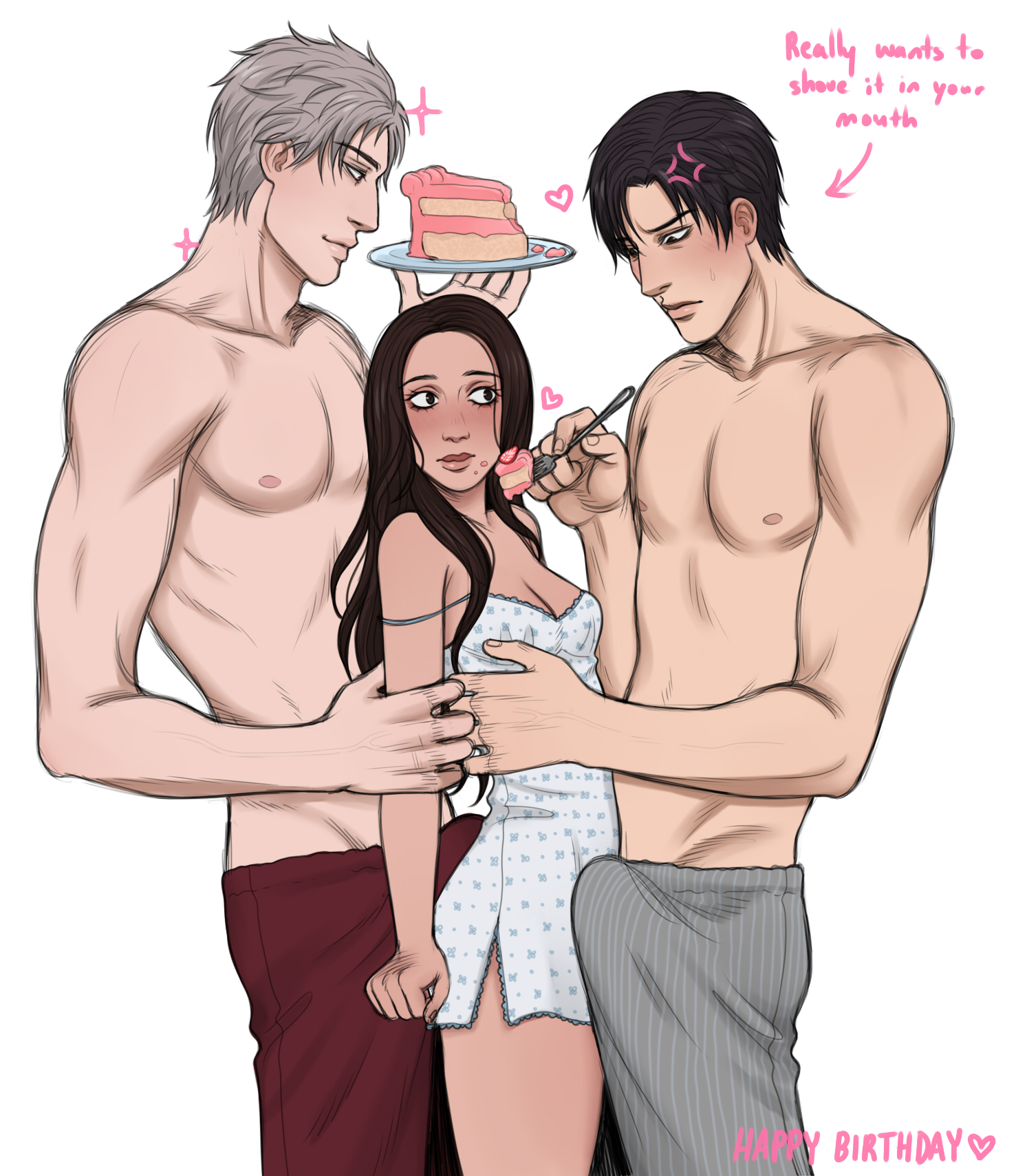 dickishly, protagonist (love and deepspace), sylus (love and deepspace), zayne (love and deepspace), love and deepspace, commentary, english commentary, highres, 1girl, 2boys, black hair, blush, breasts, brown hair, bulge, cake, cake slice, cleavage, english text, food, fork, grey hair, hand on another's arm, hand on another's stomach, heart, holding, holding fork, holding plate, multiple boys, pajama pants, pajamas, pants, plate, striped clothes, striped pants, topless male