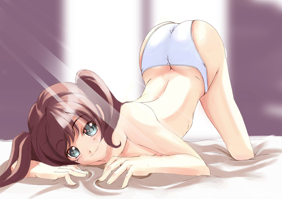 hiro takase, takase hiro, original, ass, bed, brown hair, butt crack, green eyes, panties, solo, top-down bottom-up, topless female, twintails, underwear, white panties