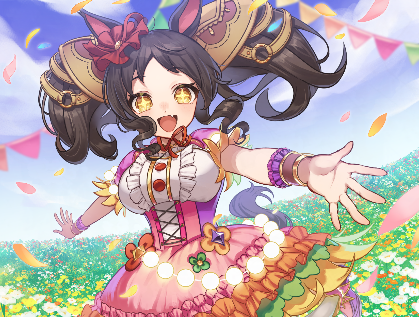 amazakura, marvelous sunday (kira doki waku mabe) (umamusume), marvelous sunday (umamusume), umamusume, commentary request, highres, + +, 1girl, :d, animal ears, blue sky, breasts, brown eyes, brown hair, center frills, cloud, day, dress, fang, field, flower, flower field, frills, hair ornament, horse ears, horse girl, horse tail, long hair, looking at viewer, open mouth, outdoors, outstretched arms, petals, sky, smile, solo, string of flags, tail, twintails