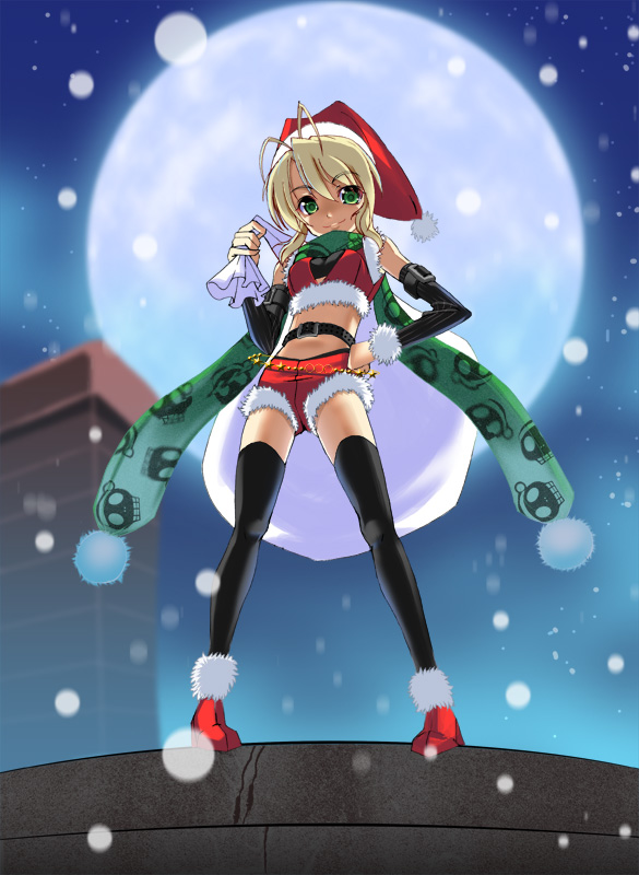 hiro takase, takase hiro, original, 1girl, antenna hair, bag, belt, black thighhighs, blonde hair, detached sleeves, female focus, full moon, green eyes, green scarf, hat, midriff, moon, rooftop, sack, santa costume, santa hat, scarf, shorts, skull print, snow, solo, thighhighs