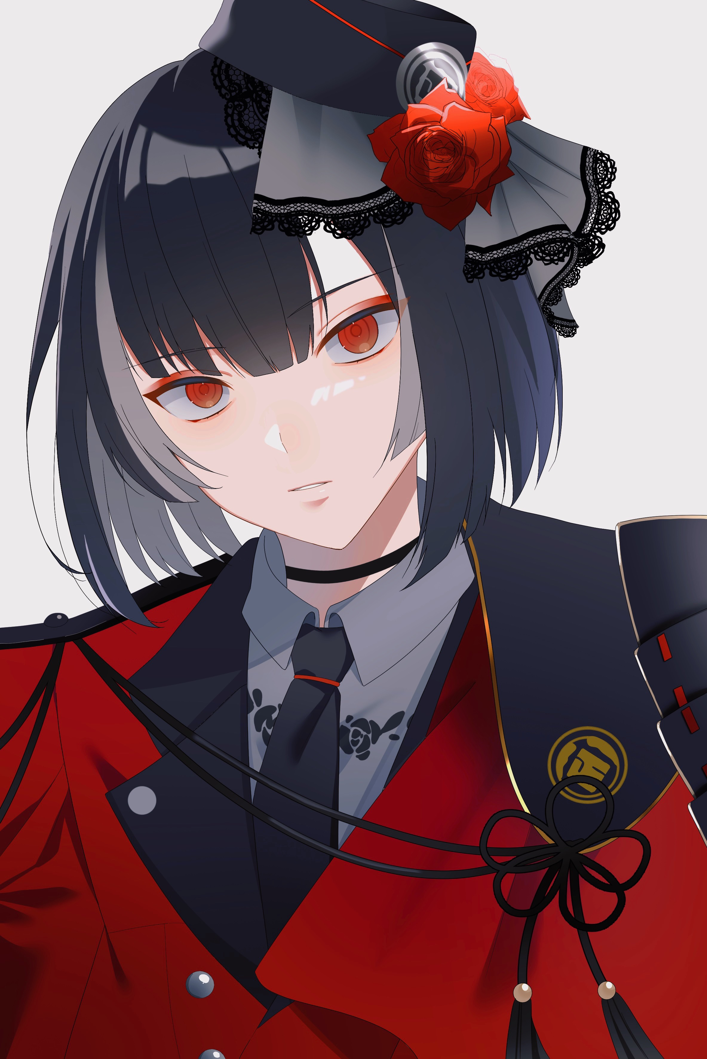 kyogoku masamune, touken ranbu, absurdres, highres, 1boy, armor, black choker, black hair, black hat, choker, eyeshadow, grey hair, grey ribbon, grey shirt, hat, jacket, looking at viewer, makeup, medium hair, multicolored hair, parted lips, red eyes, red eyeshadow, red jacket, shirt, shoulder armor, simple background, solo, streaked hair, tilted headwear, user tjyj4882, white background